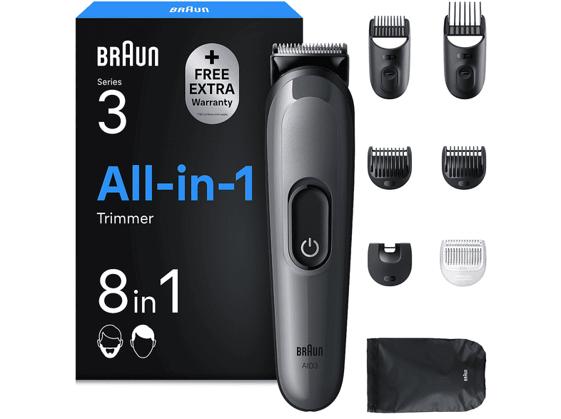 Regolabarba BRAUN SERIES 3 AIO, All-in-One, 14 impostazioni di lunghezza, 6 pettini e 1 spazzola per la pulizia, con custodia, barba capelli