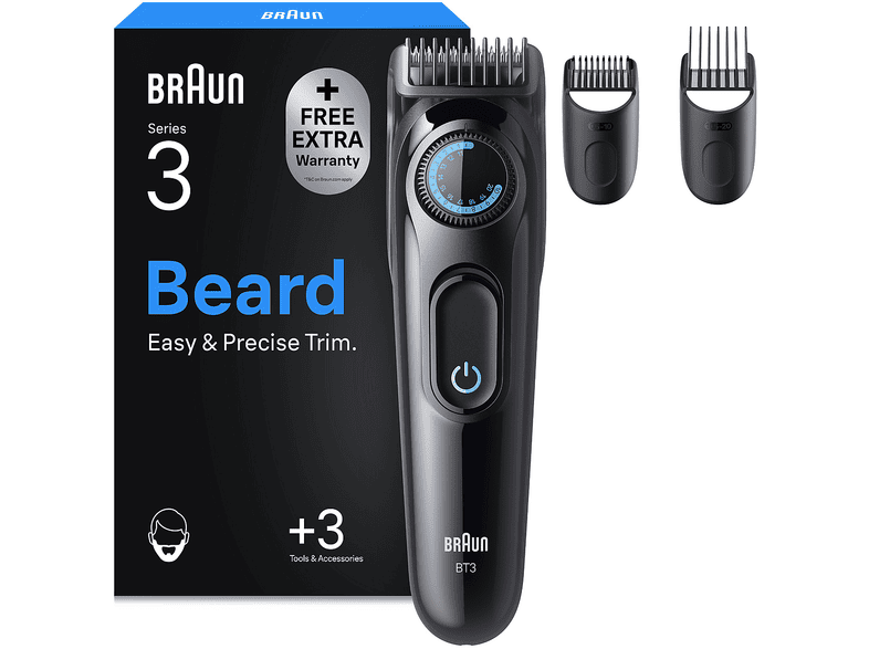 Regolabarba BRAUN SERIES 3 BT 3520, 40 impostazioni di lunghezza a intervalli 0,5mm, 2 pettini e 1 spazzola per la pulizia, 50 min autonomia