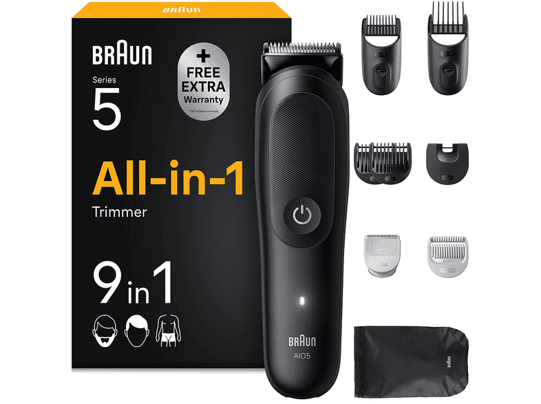 Regolabarba e capelli BRAUN All-in-One Series 5, 14 livelli di taglio, lama skinguard, 7 pettini, 1 spazzola per la pulizia custodia