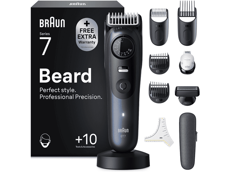 Regolabarba BRAUN SERIES 7, lama ProBlade, tecnologia AutoSense, 40 impostazioni di lunghezza a intervalli 0,5 mm, rifinitori precisione, 1 stencil per barba, batteria lunga durata