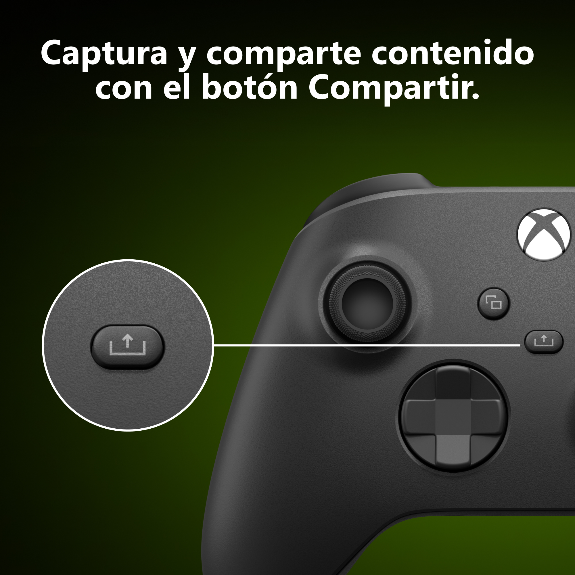 Un mando de Xbox con un botón de compartir resaltado y texto en español arriba.