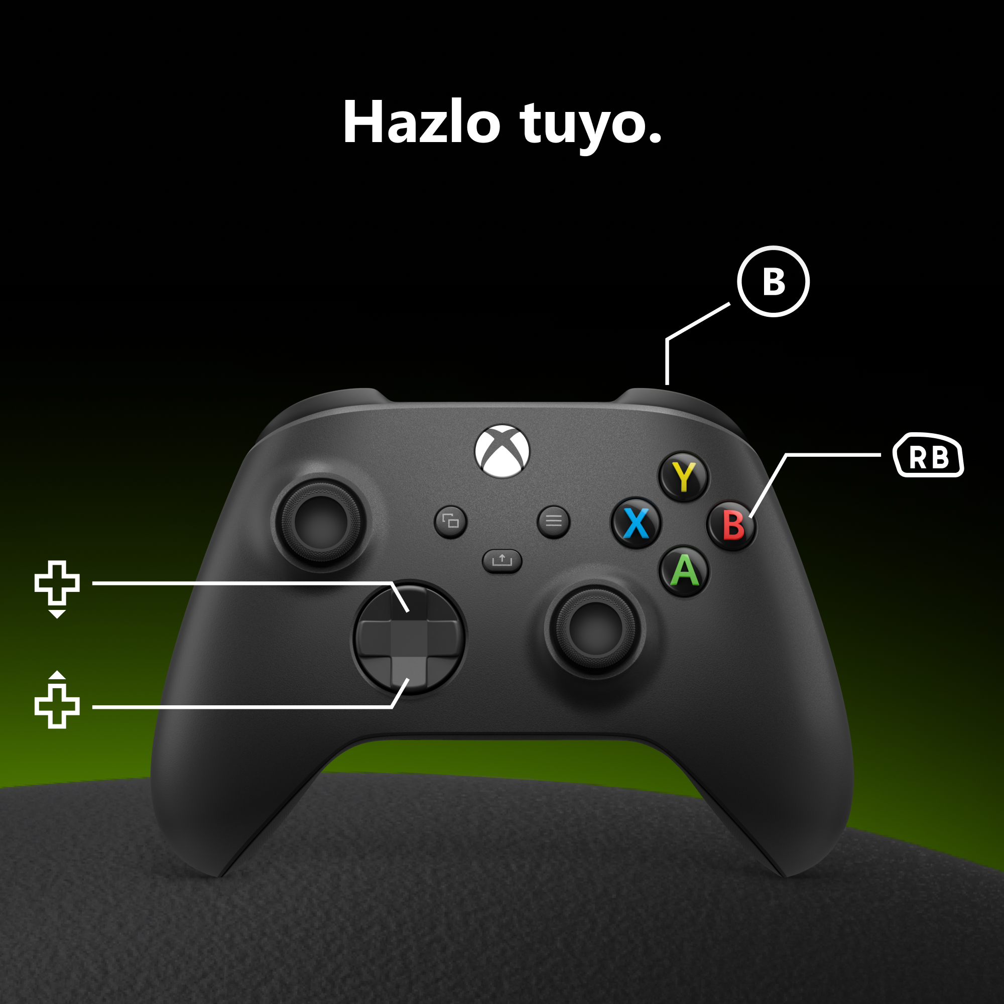 Mando negro de Xbox con botones etiquetados sobre fondo oscuro.