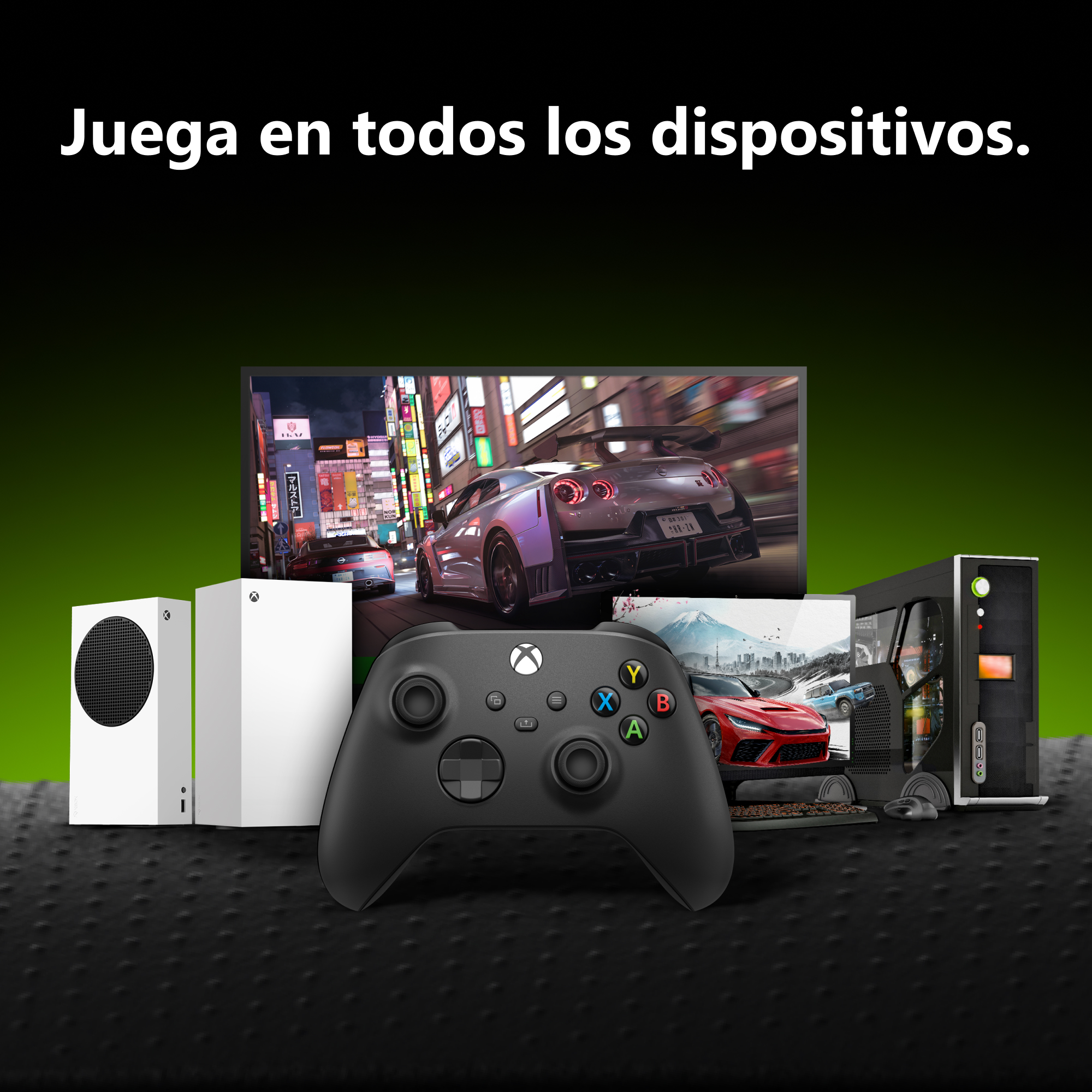 Consola Xbox, mando y pantallas con juegos de carreras sobre fondo verde.