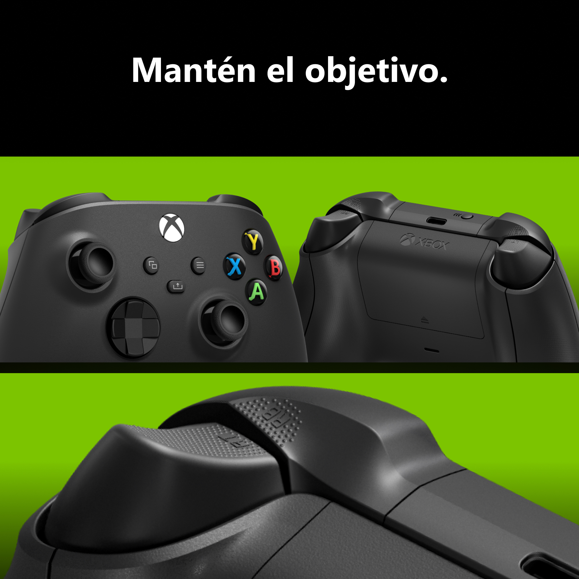 Tres vistas de cerca de un mando de Xbox negro sobre fondo verde, con texto en español arriba.