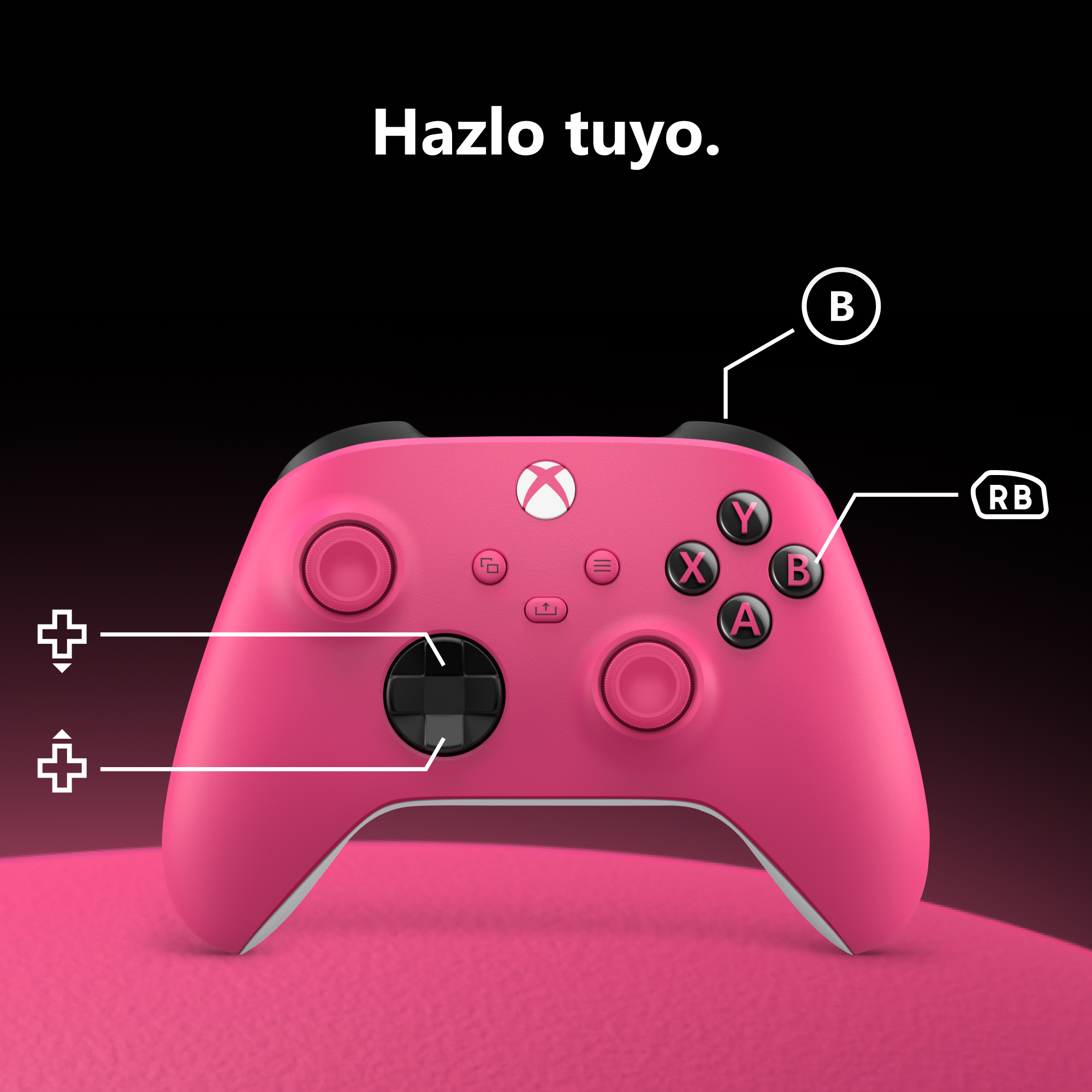 Mando de Xbox rosa con botones etiquetados y el texto 'Hazlo tuyo' sobre fondo oscuro.