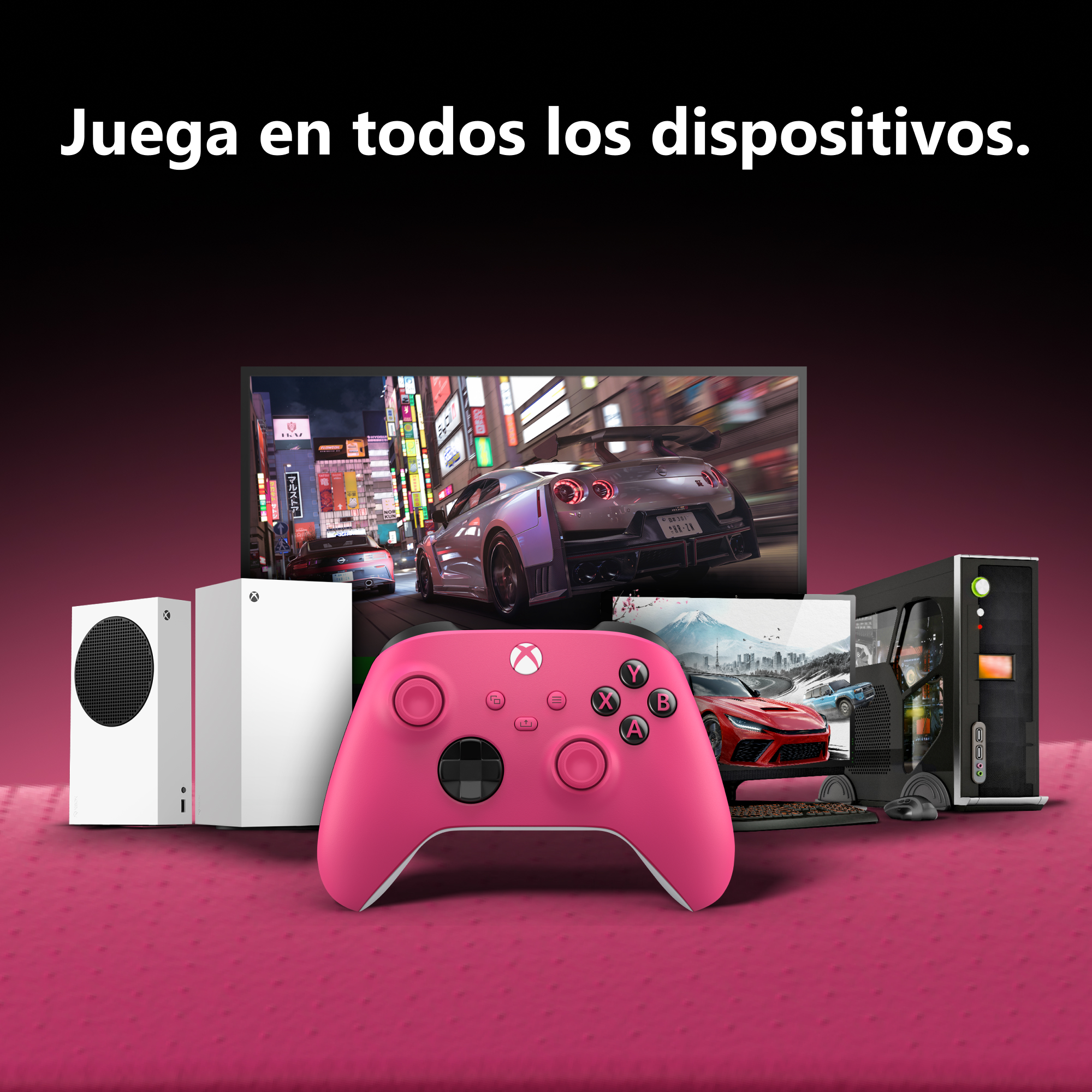 Varias consolas Xbox, un mando rosa, monitores y un PC sobre un fondo rosa con texto.