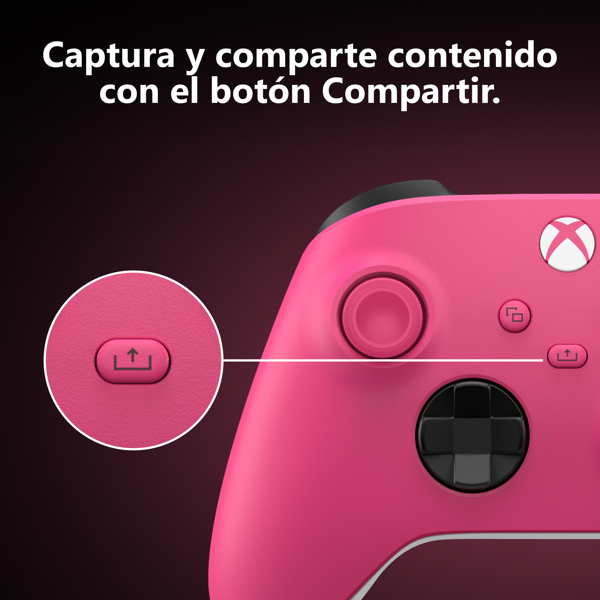 Mando de Xbox rosa destacando el botón de compartir con texto en español.
