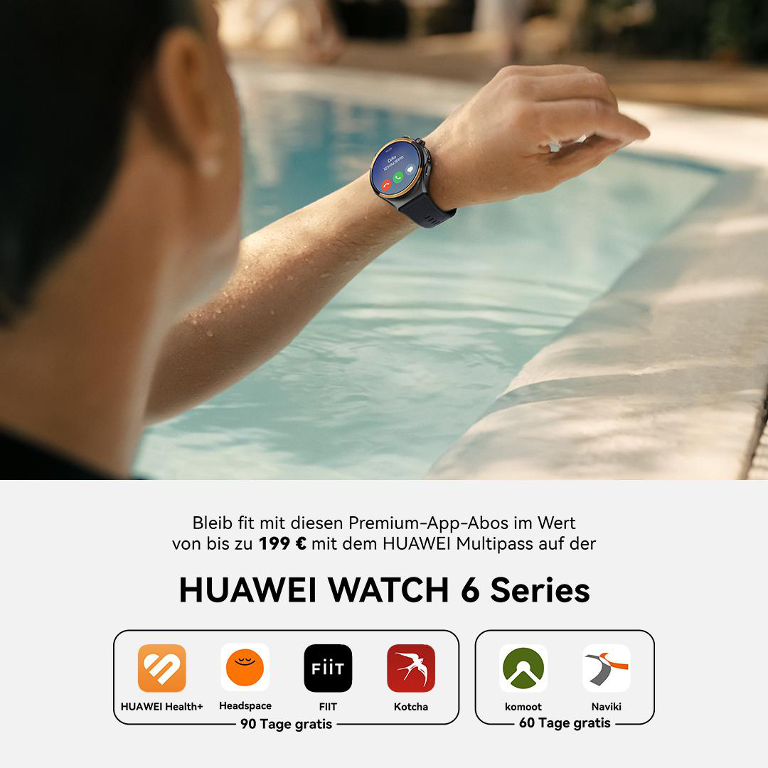 Person am Pool mit Huawei Smartwatch am Handgelenk, Text zu App-Abos und Logos unten.