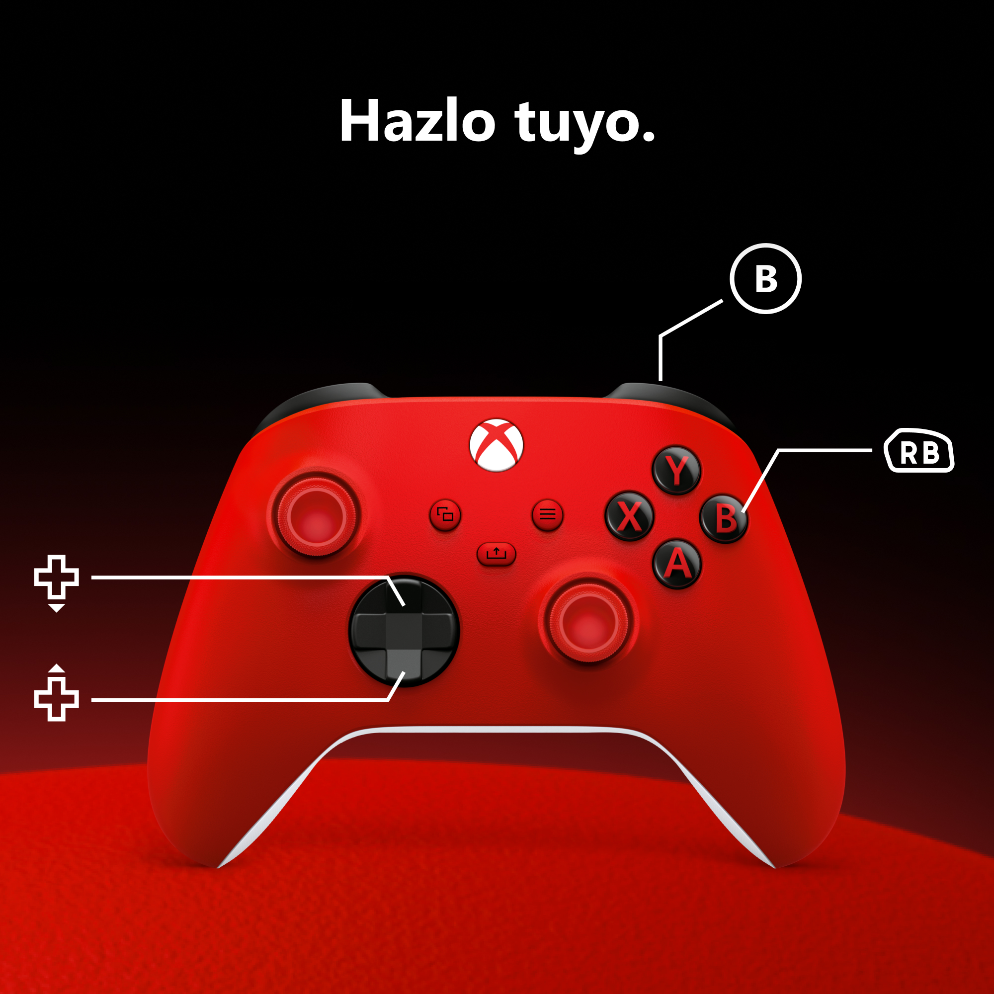Mando Xbox rojo con botones etiquetados sobre fondo rojo y texto "Hazlo tuyo" arriba.