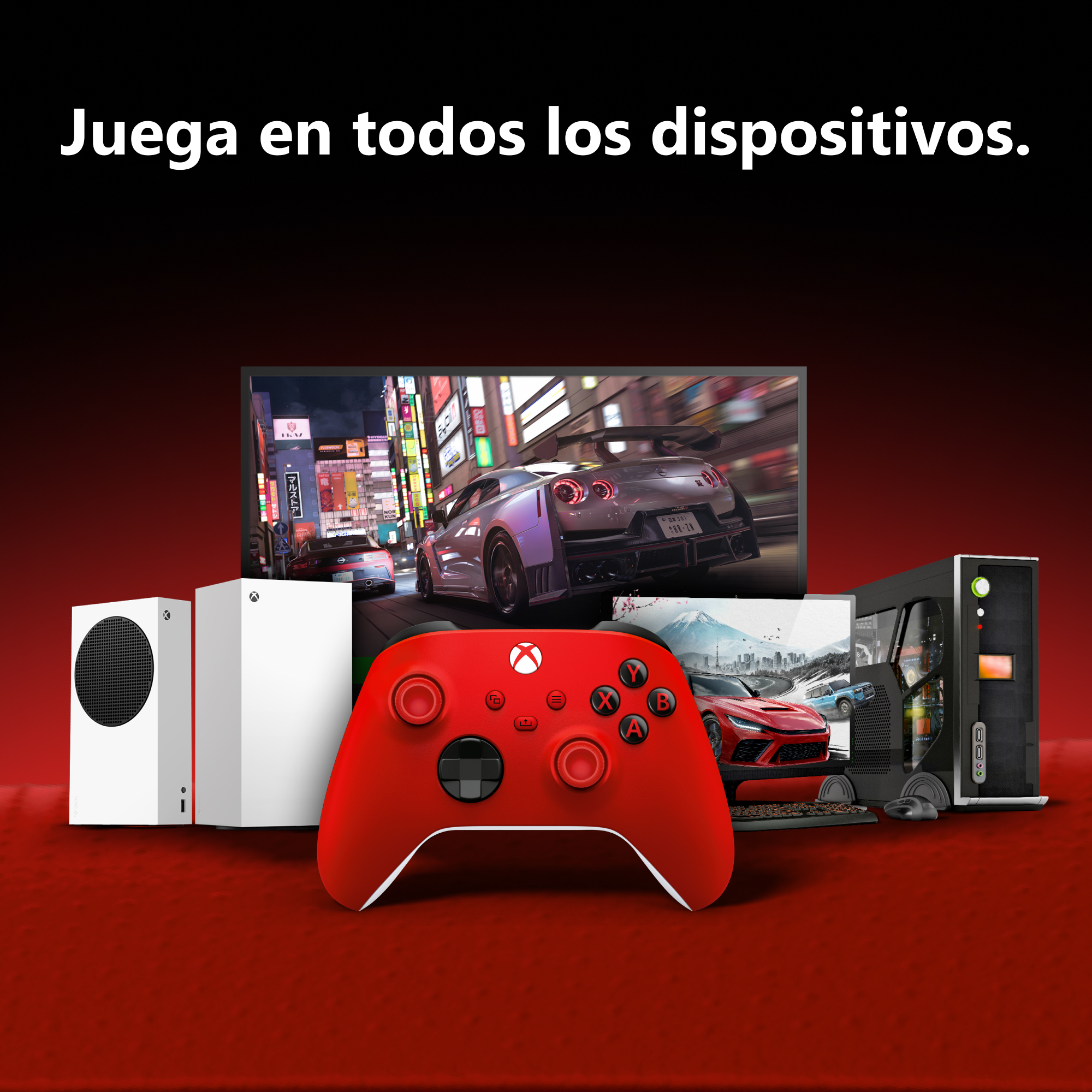 Mando rojo de Xbox en primer plano con consolas, PC y monitores mostrando juegos de carreras sobre fondo rojo.