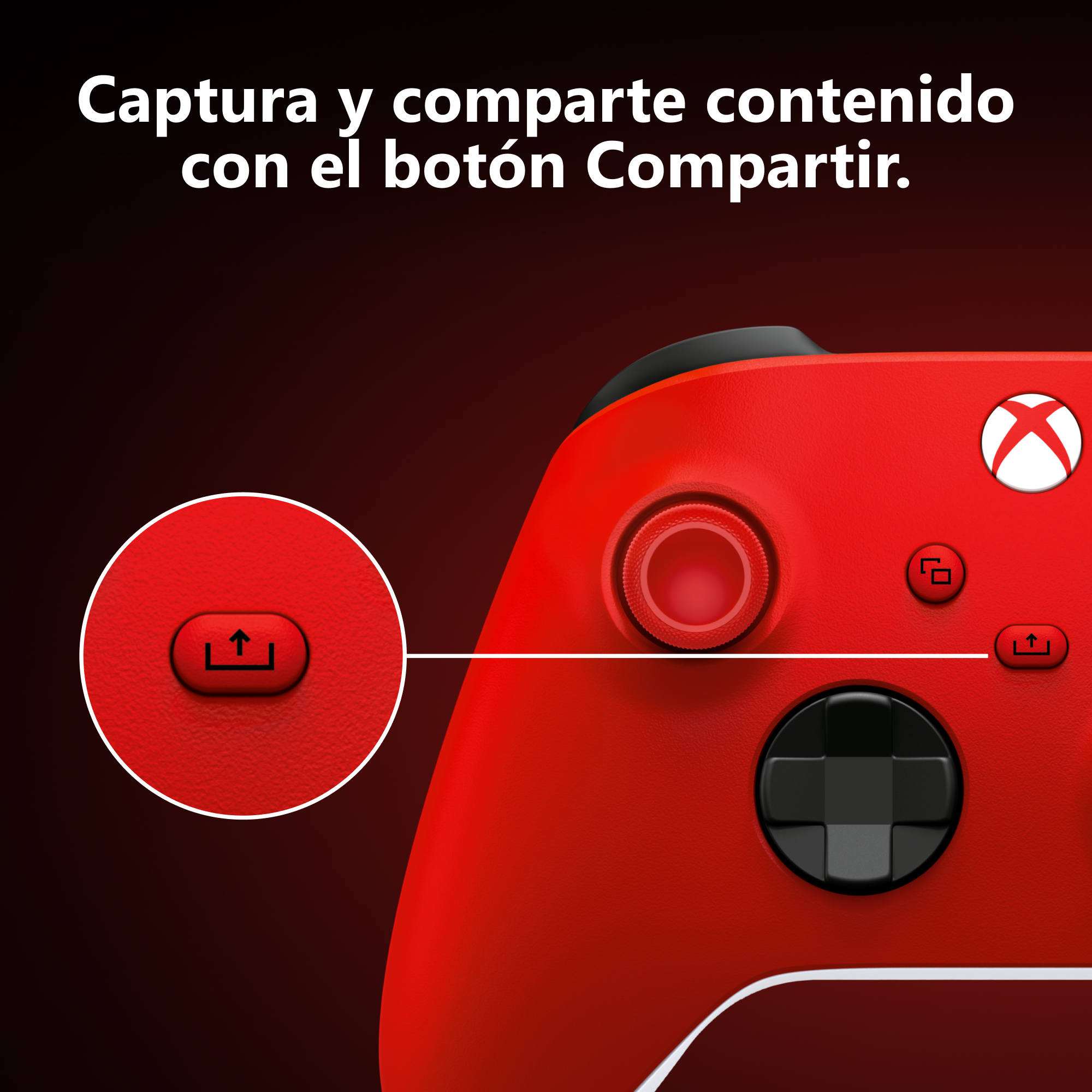 Un mando rojo de Xbox con un botón de compartir resaltado y texto en español arriba.