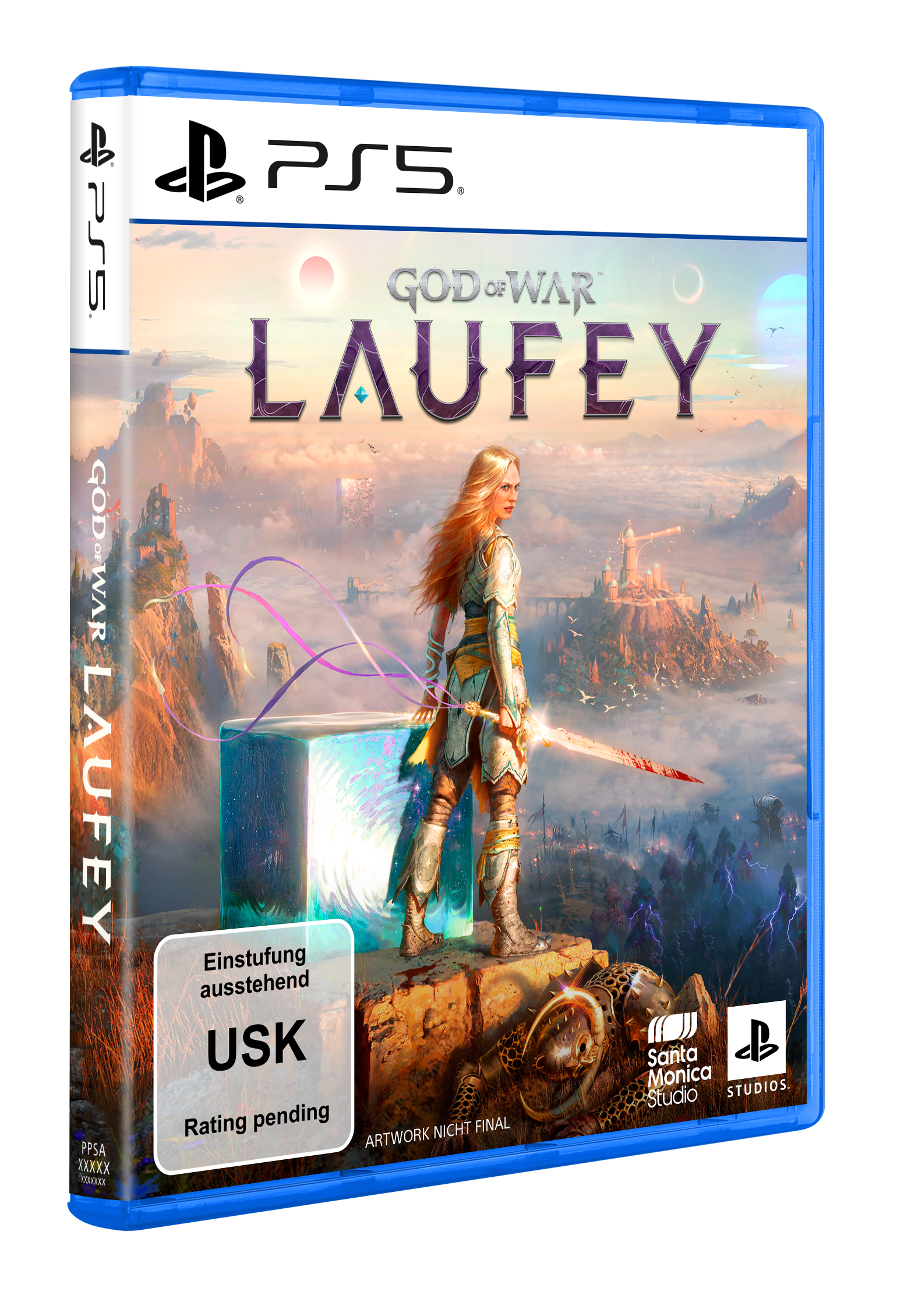 PS5 Spielhülle für God of War Laufey mit weiblicher Kriegerin und mystischer Landschaft.