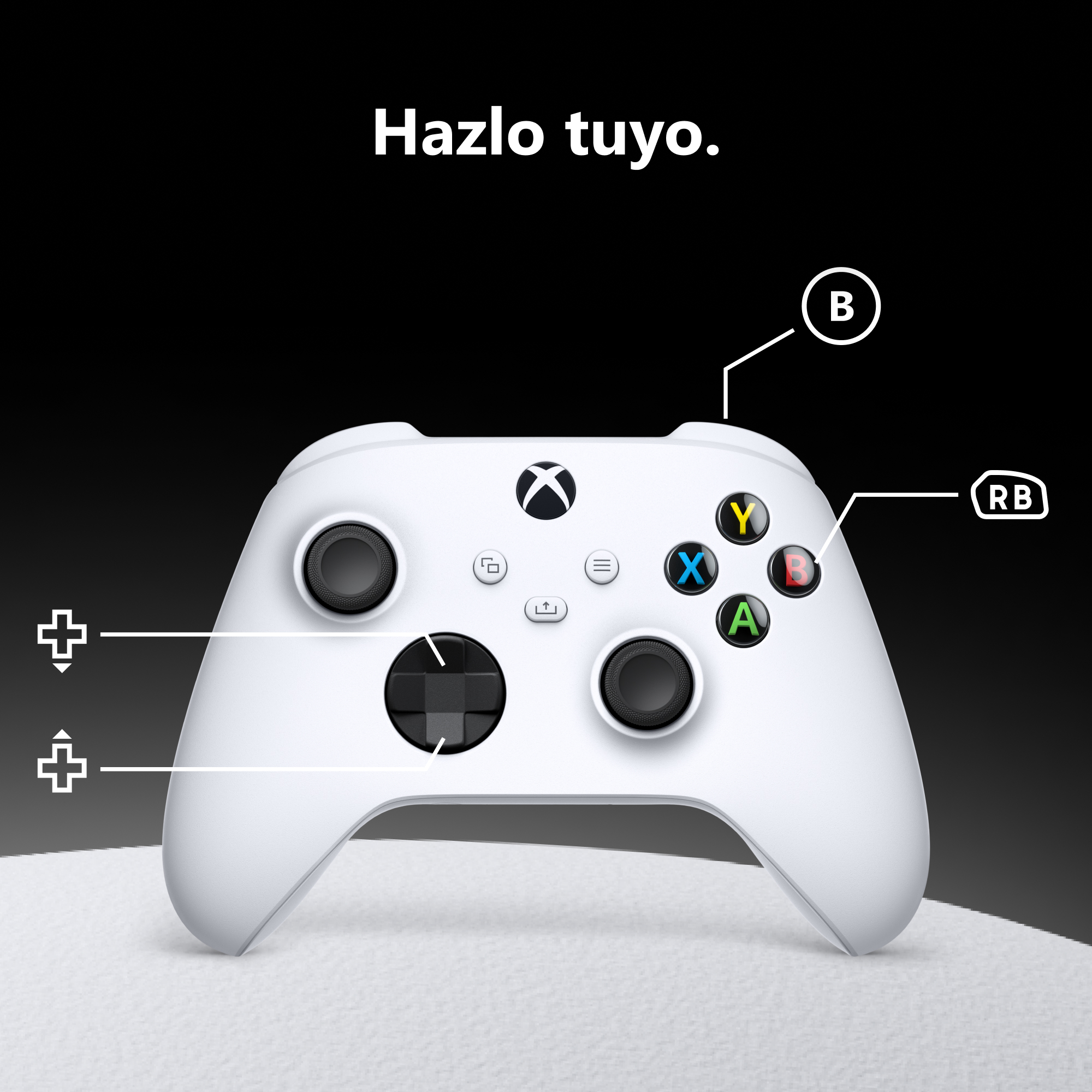 Un mando de Xbox blanco con botones etiquetados sobre un fondo oscuro y claro.