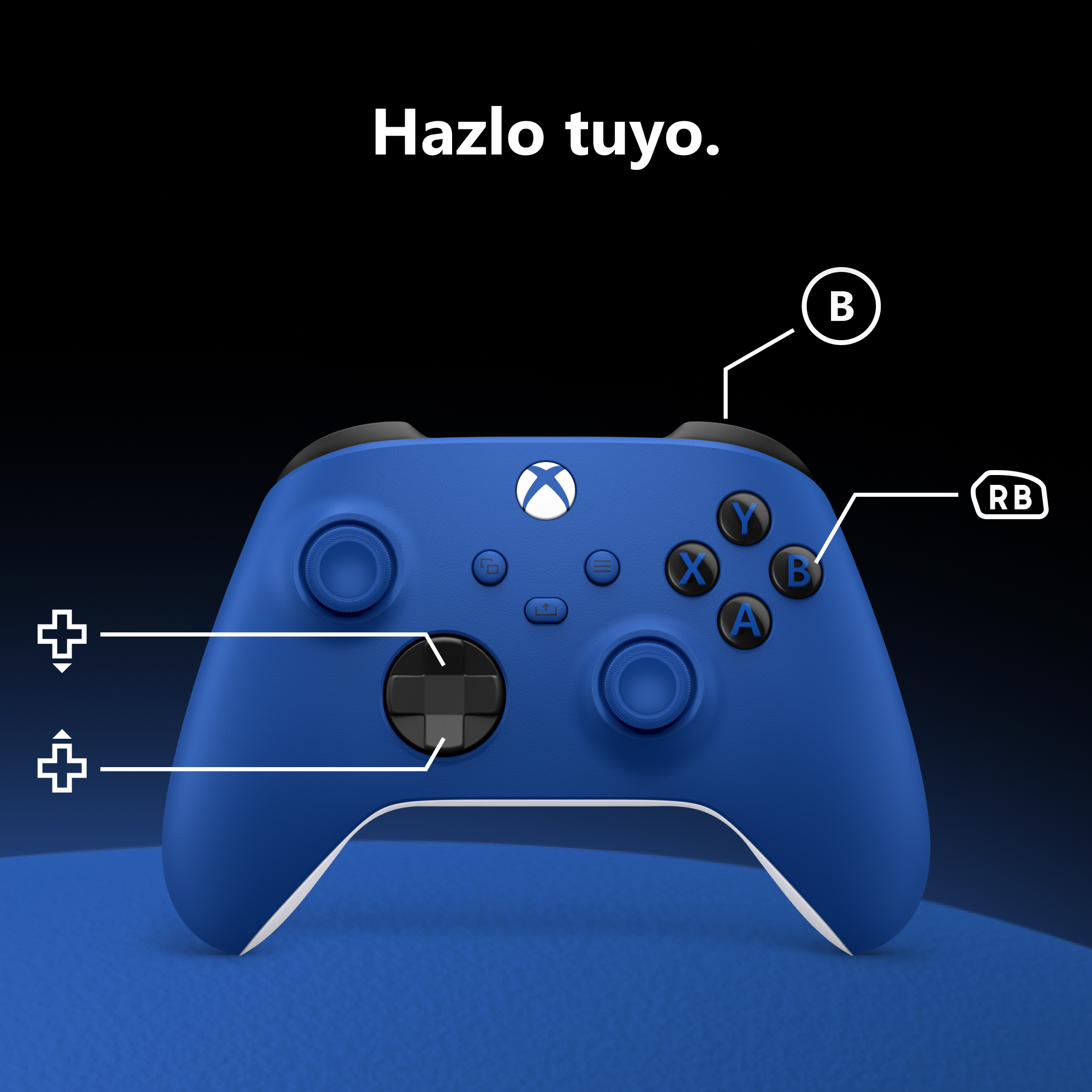 Un mando de Xbox azul con botones etiquetados sobre fondo oscuro y el texto Hazlo tuyo.