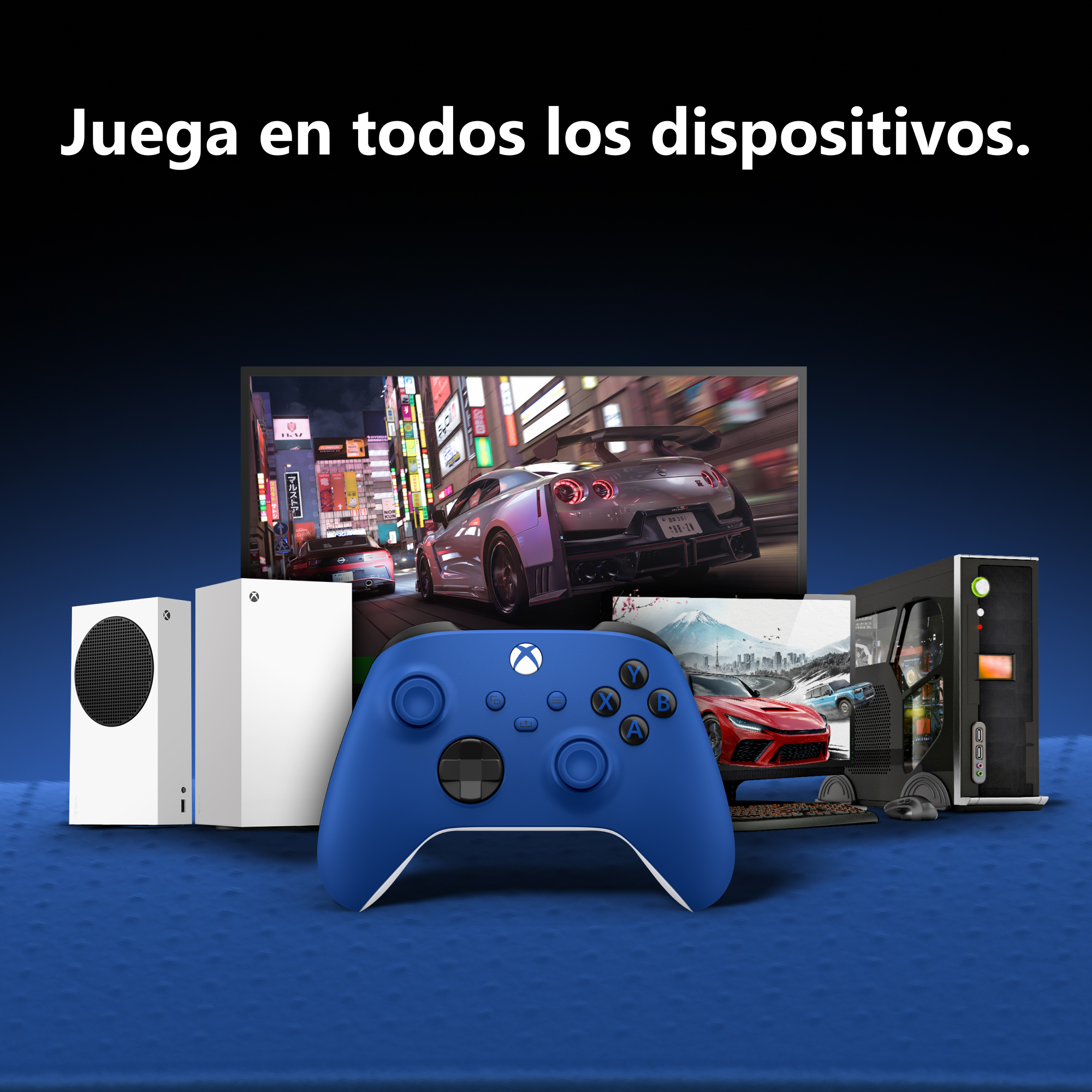 Un mando azul, dos consolas Xbox blancas, un televisor con carreras, un PC y texto: Juega en todos los dispositivos.