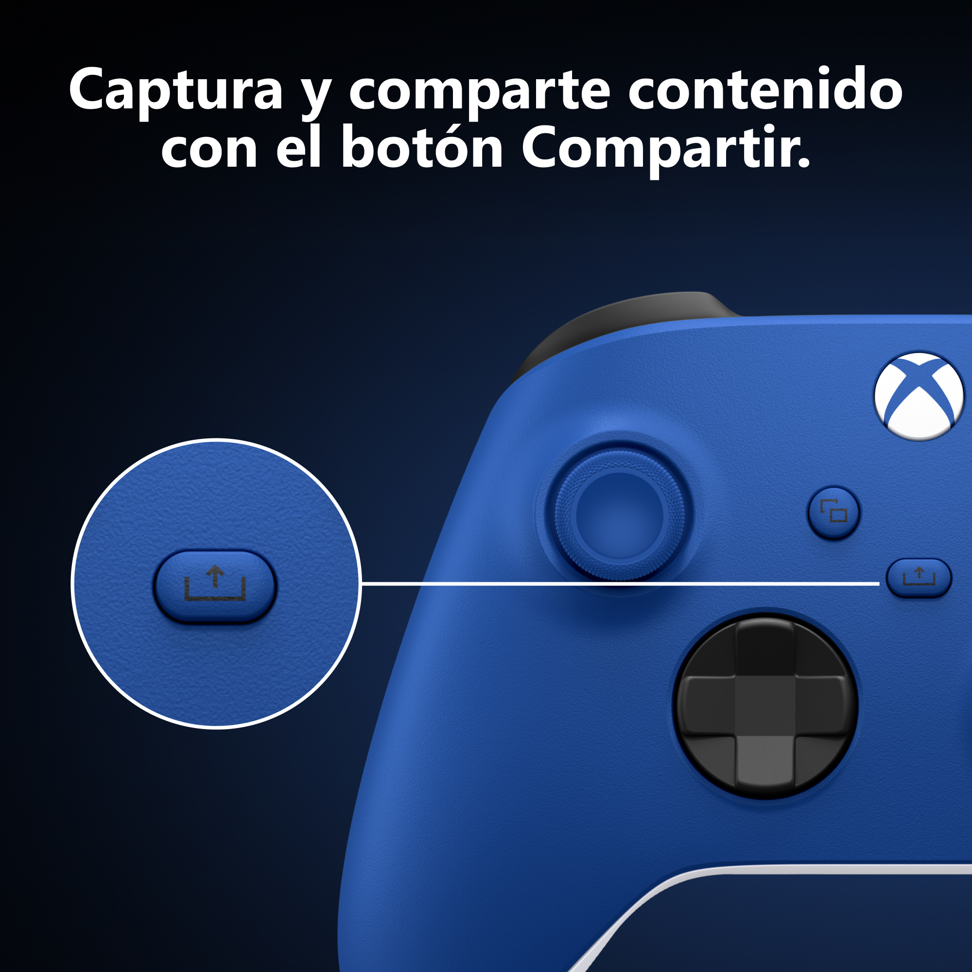 Mando de Xbox azul con un círculo que destaca el botón de compartir.