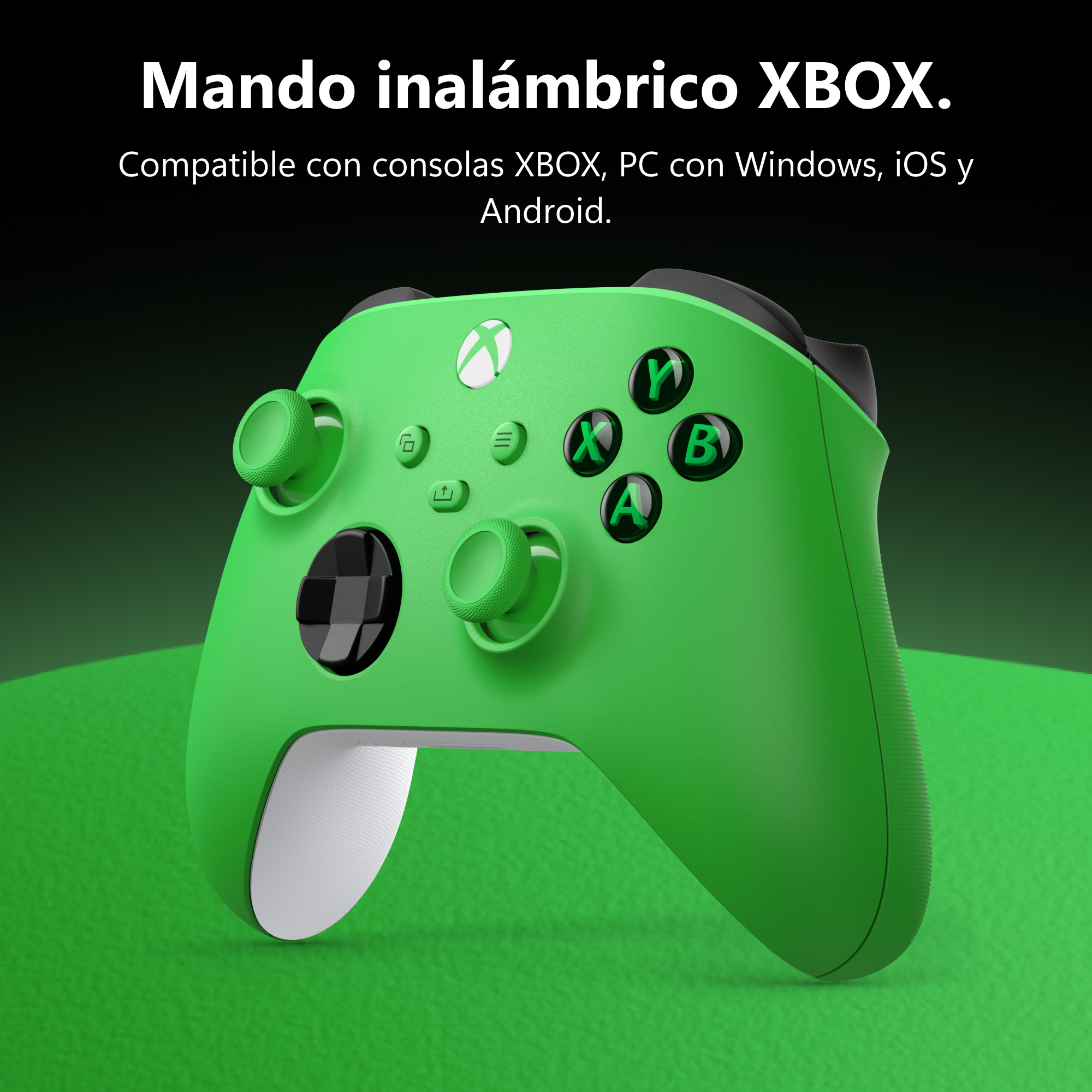 Un mando inalambrico Xbox verde brillante con botones negros sobre una superficie verde.