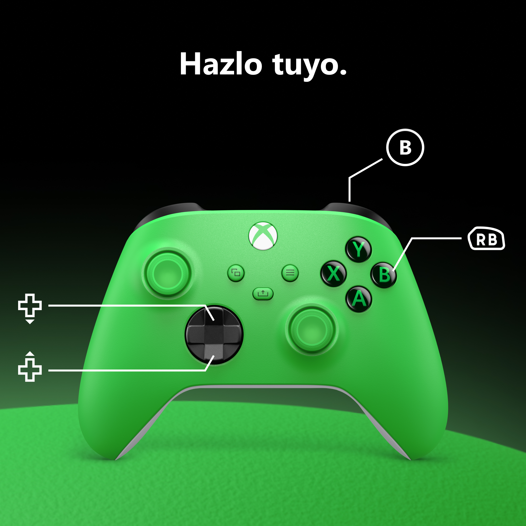 Un controlador Xbox verde con botones etiquetados y el texto "Hazlo tuyo" arriba sobre un fondo negro.
