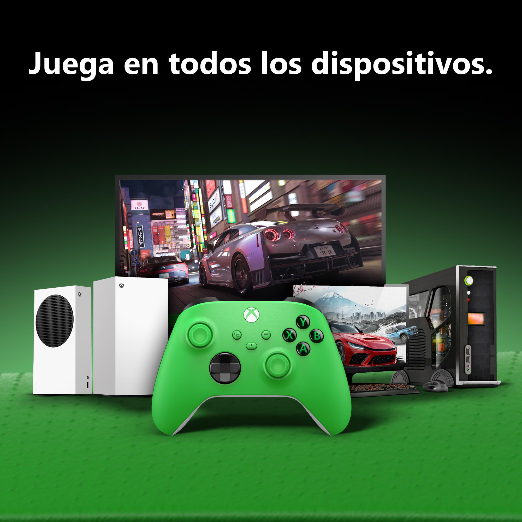 Mando verde de Xbox en primer plano, consolas, TV y PC al fondo, con texto en español.