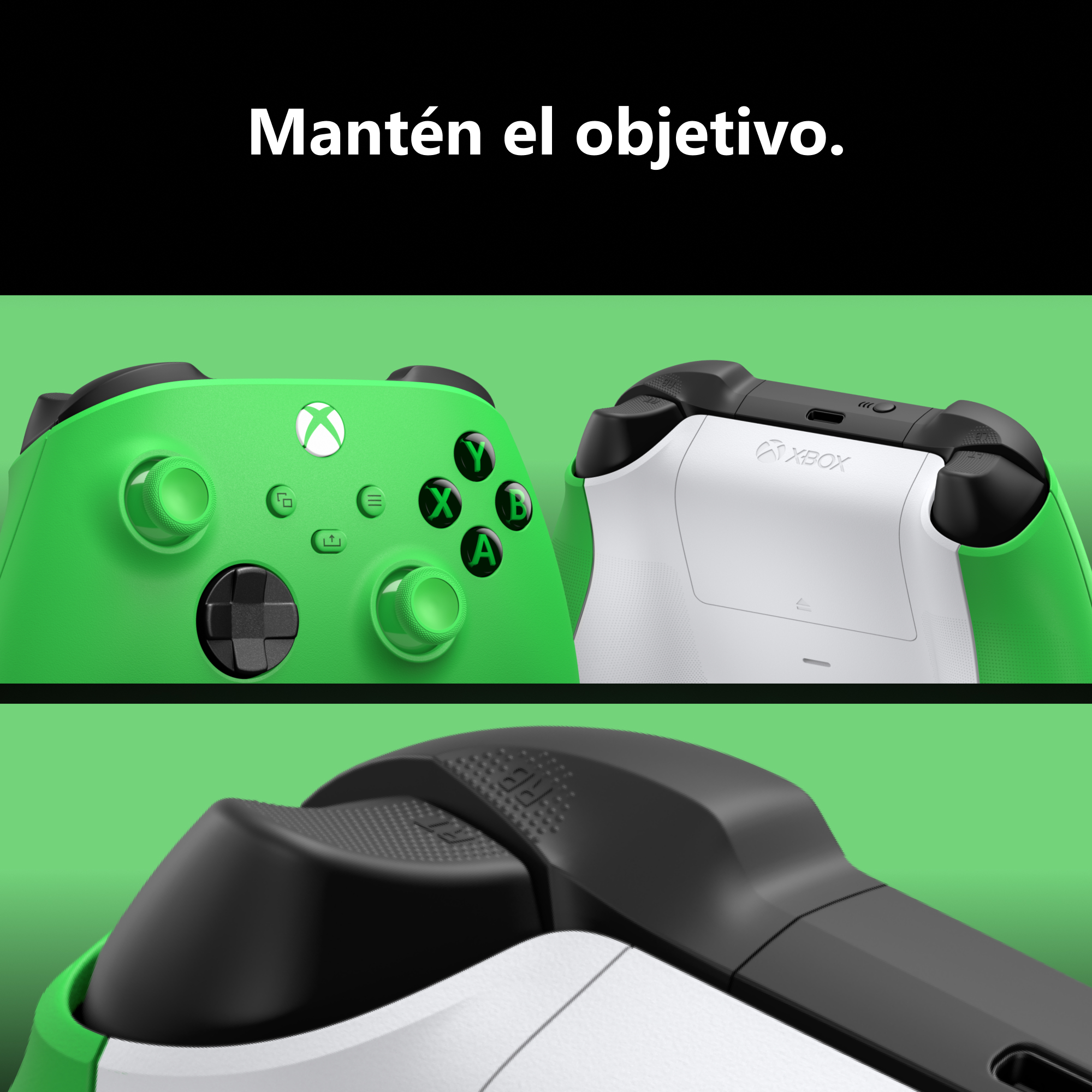 Mando de Xbox verde con texto en español Mantén el objetivo sobre fondo negro.