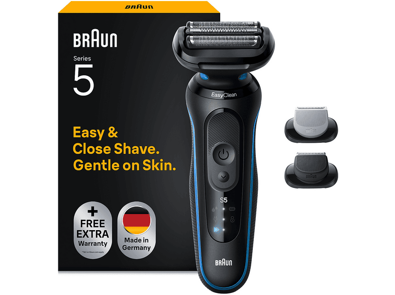 Rasoio elettrico barba BRAUN Series 5 52-B1650S, 3 lame flessibili, 2 modalità di rasatura: standard e turbo, con 1 spazzola per la pulizia, accessorio rifinitore corpo regolabarba