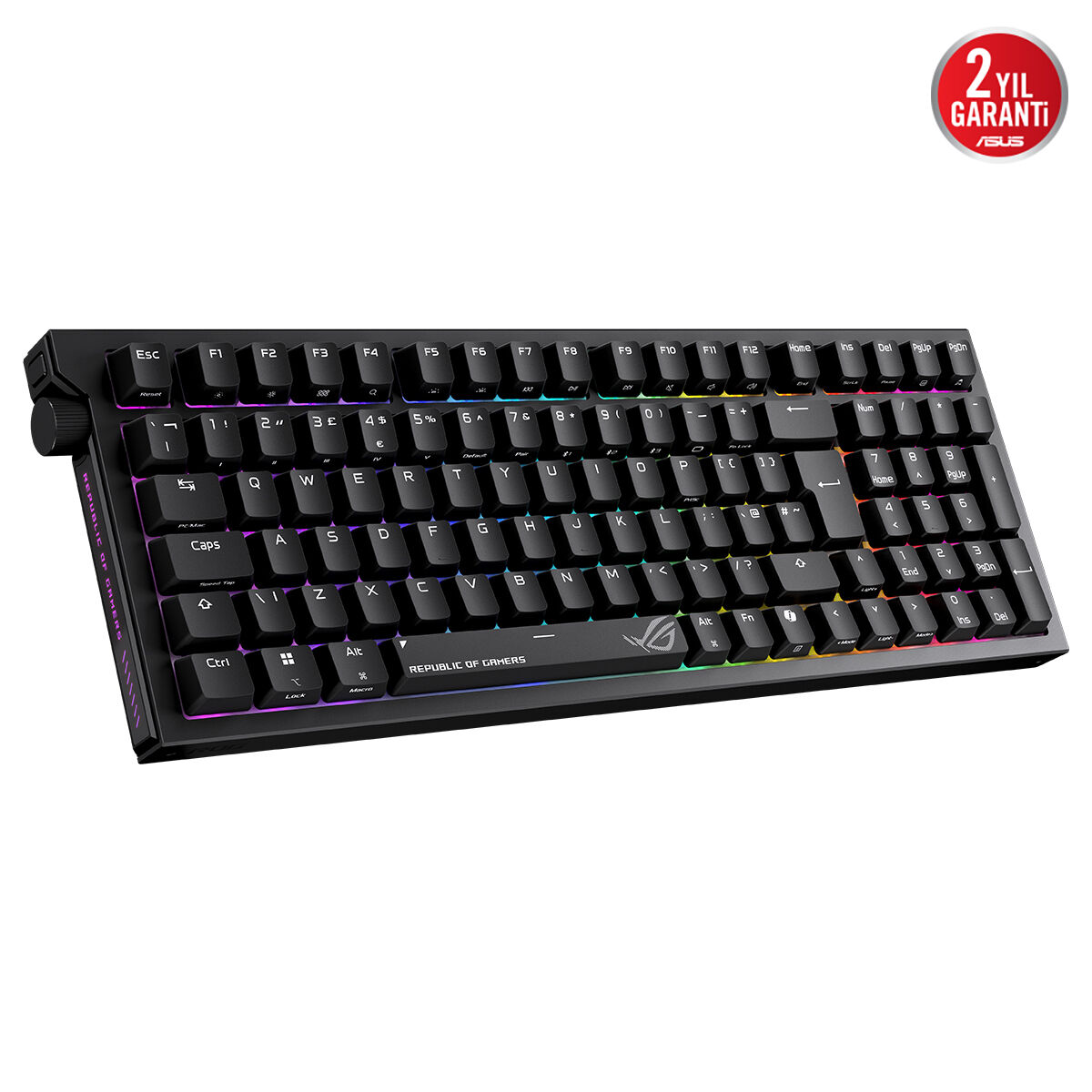 RGB arka aydınlatmalı, sayı tuş takımına ve sol tarafta ses tekerleğine sahip siyah mekanik klavye.