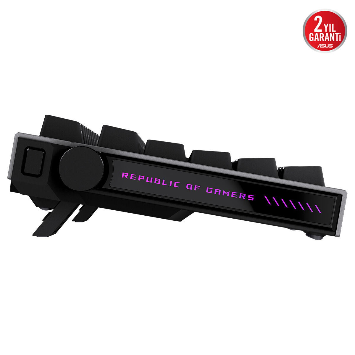 Mor aydınlatmalı yazılı siyah Asus ROG oyuncu klavyesinin yandan görünümü.
