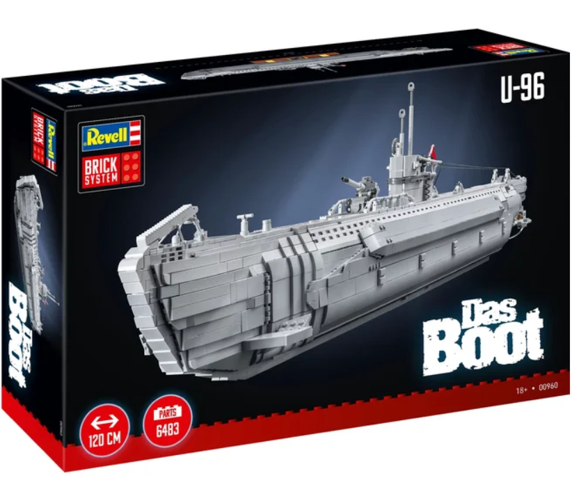 Verpackung eines Revell U-96 Das Boot Klemmbaustein-Modells mit grauem U-Boot.
