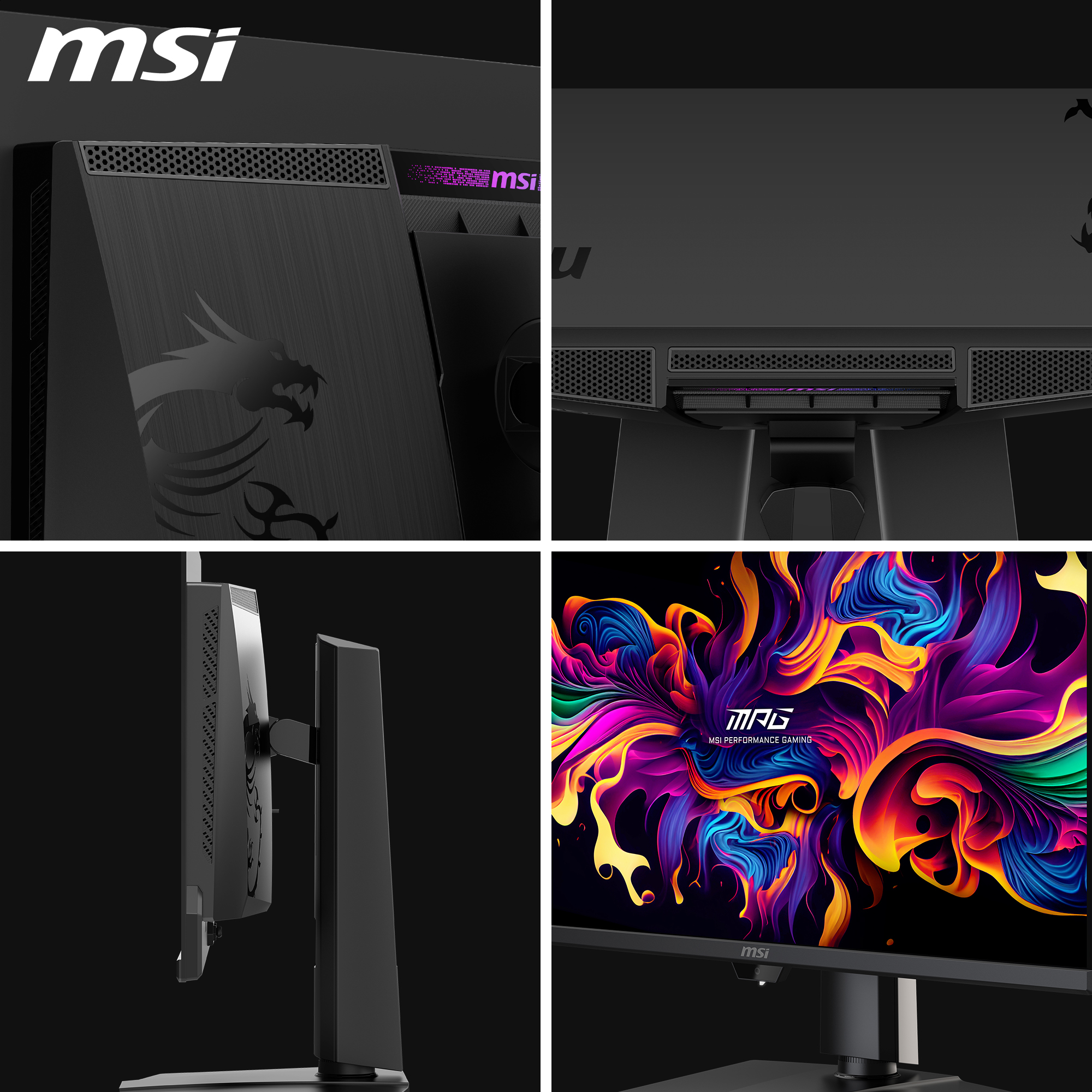 Vier Ansichten eines MSI-Gaming-Monitors mit Drachenlogo, Anschlüssen und buntem Hintergrund.