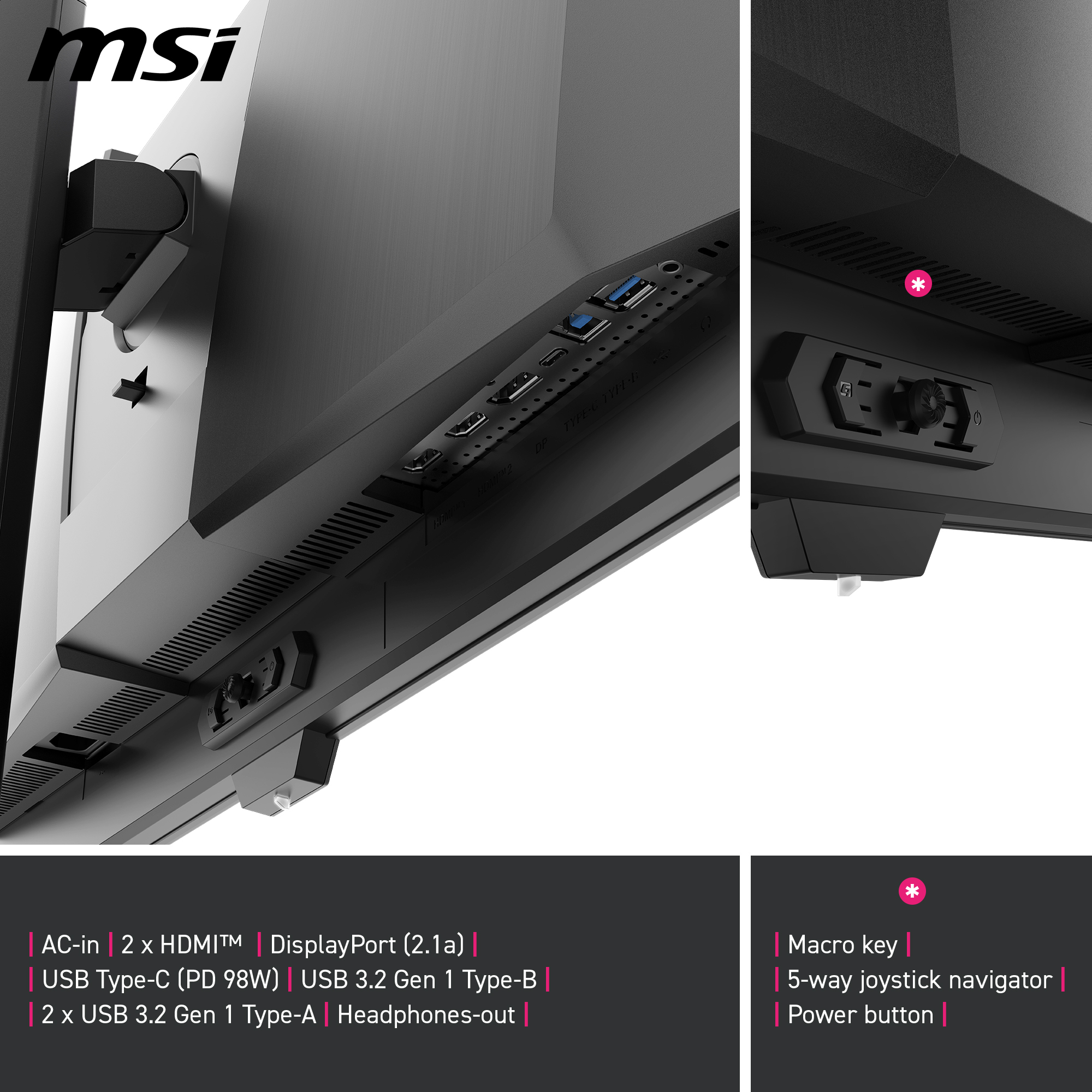 Rückseite eines MSI-Monitors mit I/O-Anschlüssen, Makro-Taste, 5-Wege-Joystick und Netzschalter.