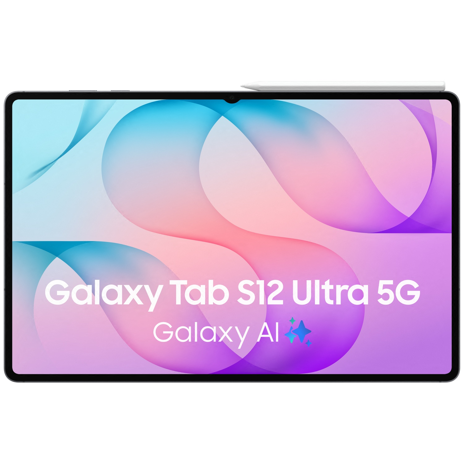 Une Galaxy Tab S12 Ultra 5G avec stylet affiche un écran coloré avec le texte Galaxy AI.