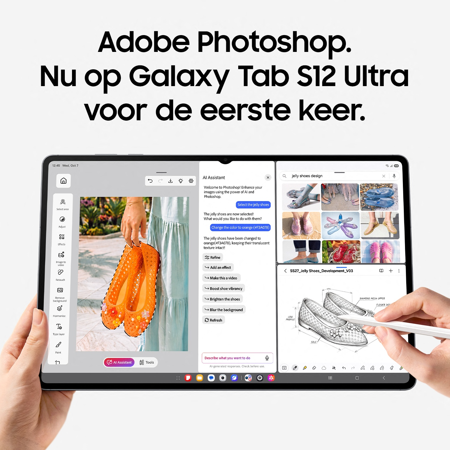 Adobe Photoshop op een Galaxy Tab S12 Ultra met AI-bewerking en stylus schets.
