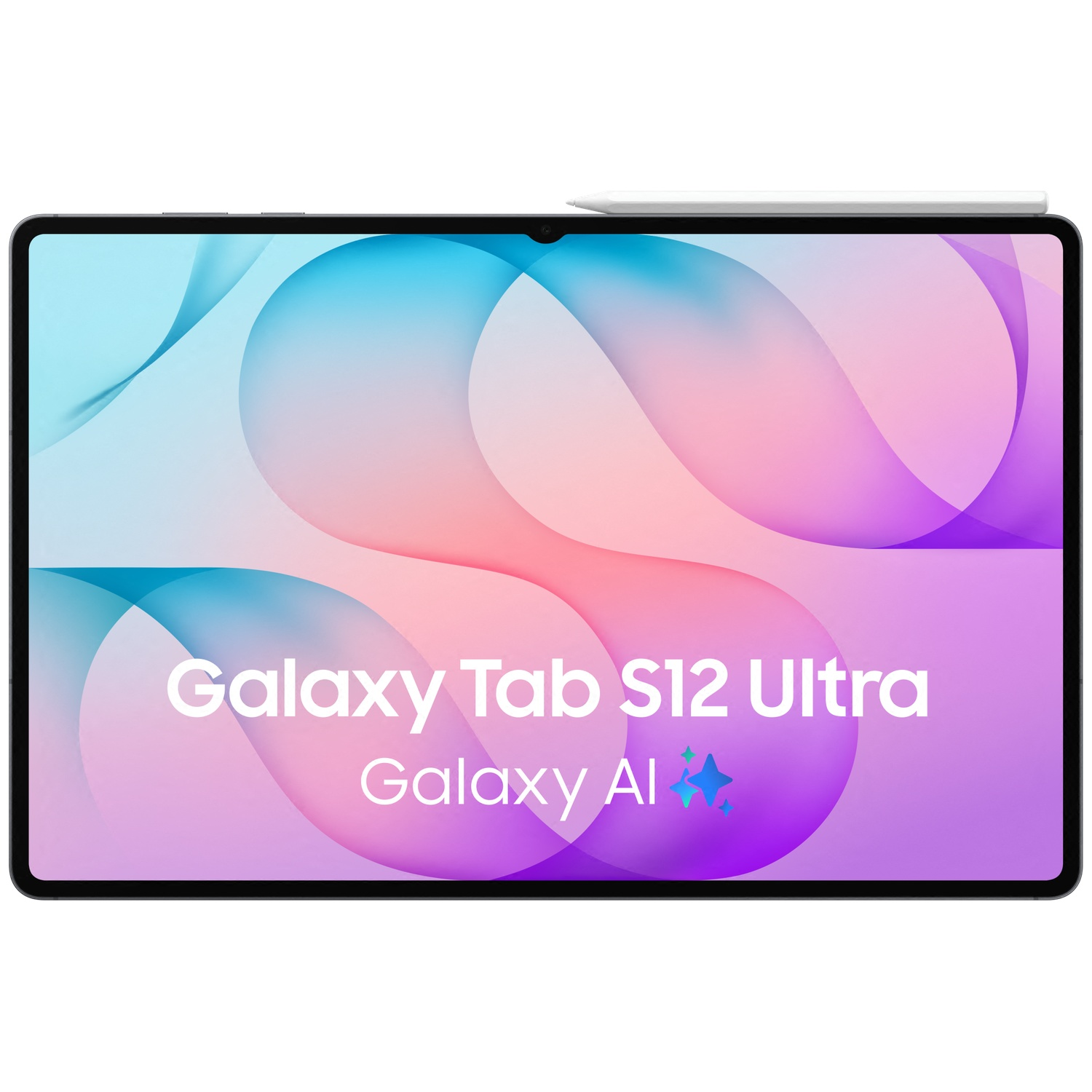 Une Galaxy Tab S12 Ultra noire avec stylet affiche un fond abstrait et le texte Galaxy AI.