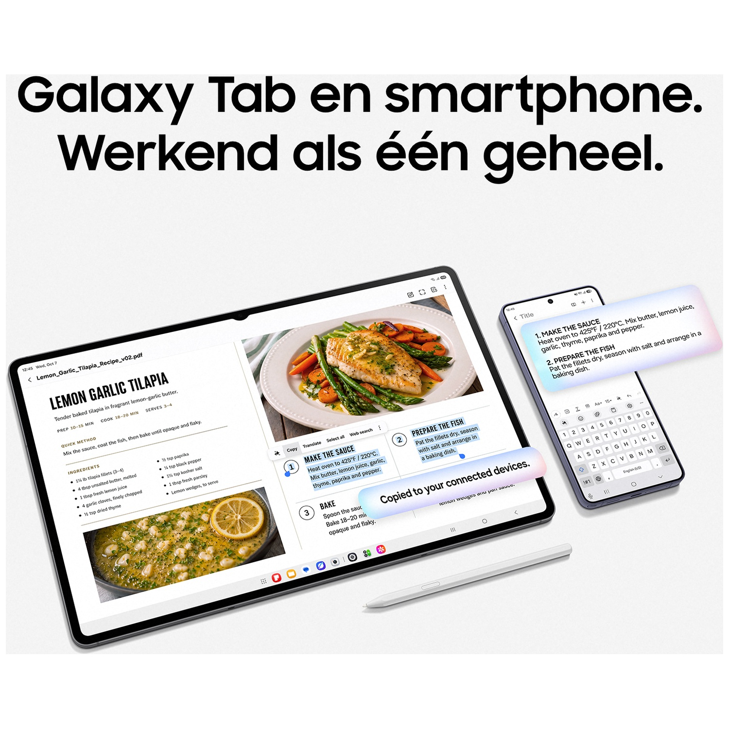 Een tablet en smartphone tonen een visrecept-app met gesynchroniseerde tekst op een witte achtergrond.