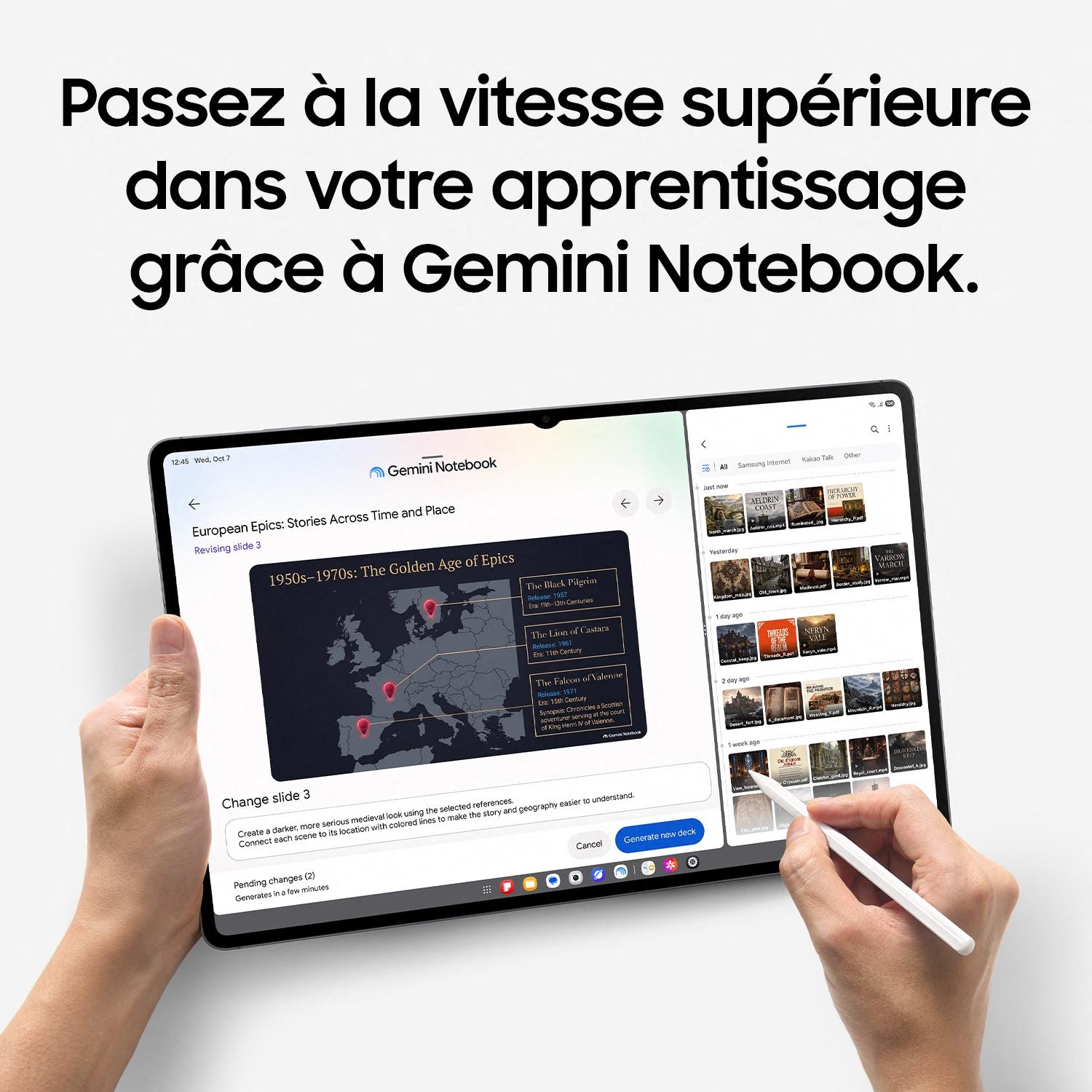 Une tablette affiche Gemini Notebook avec une carte de l'Europe et des images, tandis que des mains utilisent un stylet.