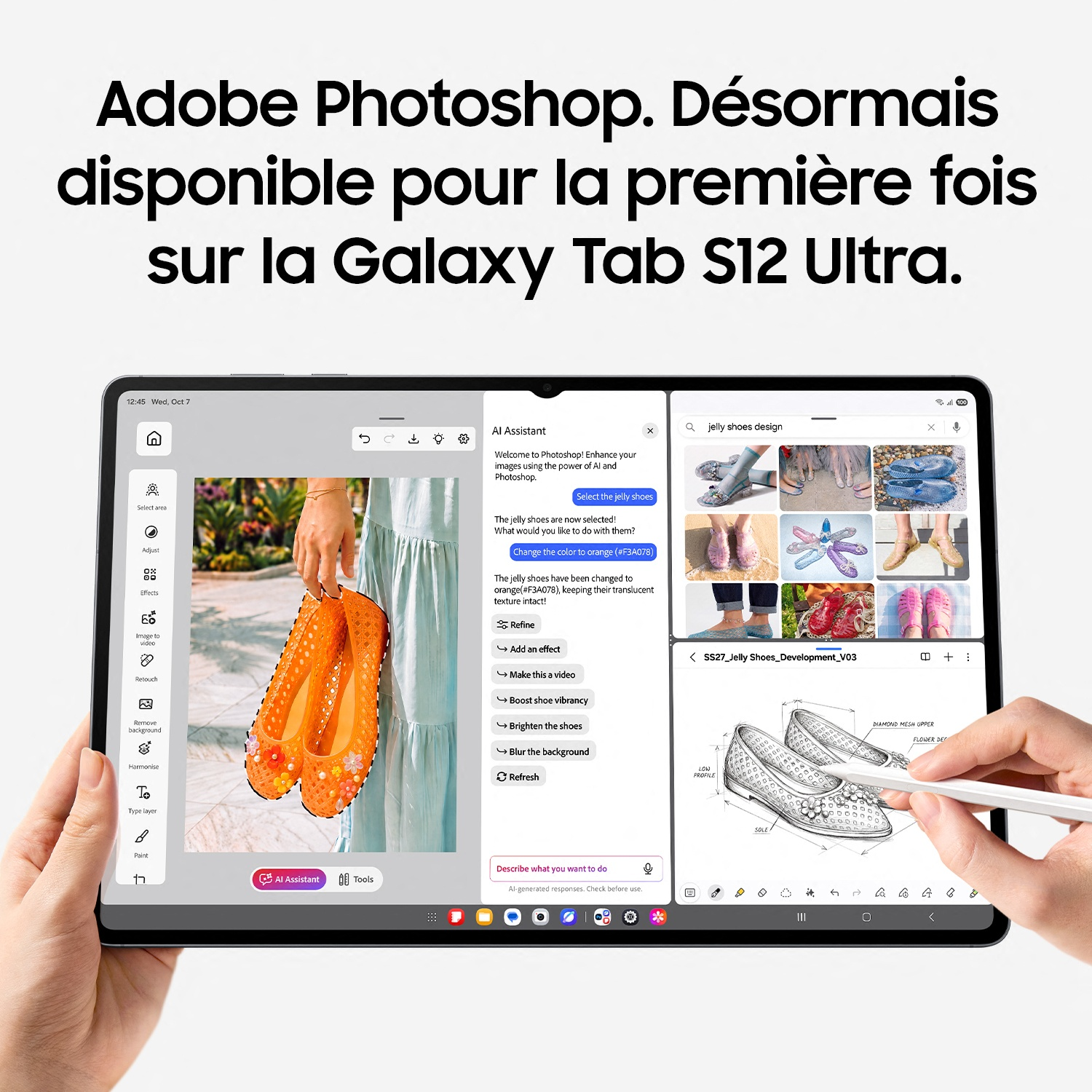 Adobe Photoshop sur une Galaxy Tab avec assistant IA et croquis de chaussure.
