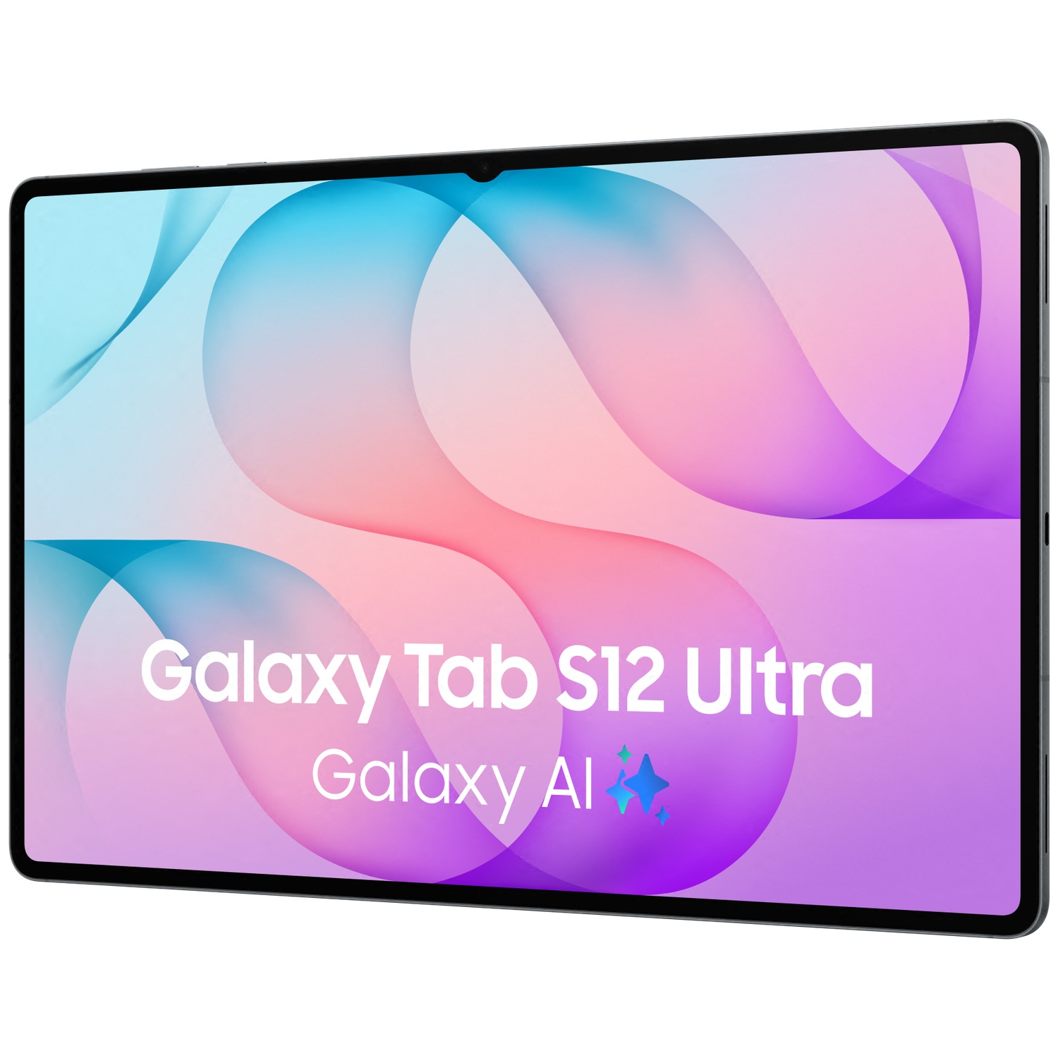 Une Samsung Galaxy Tab S12 Ultra affiche un écran coloré avec le texte Galaxy Tab S12 Ultra et Galaxy AI.
