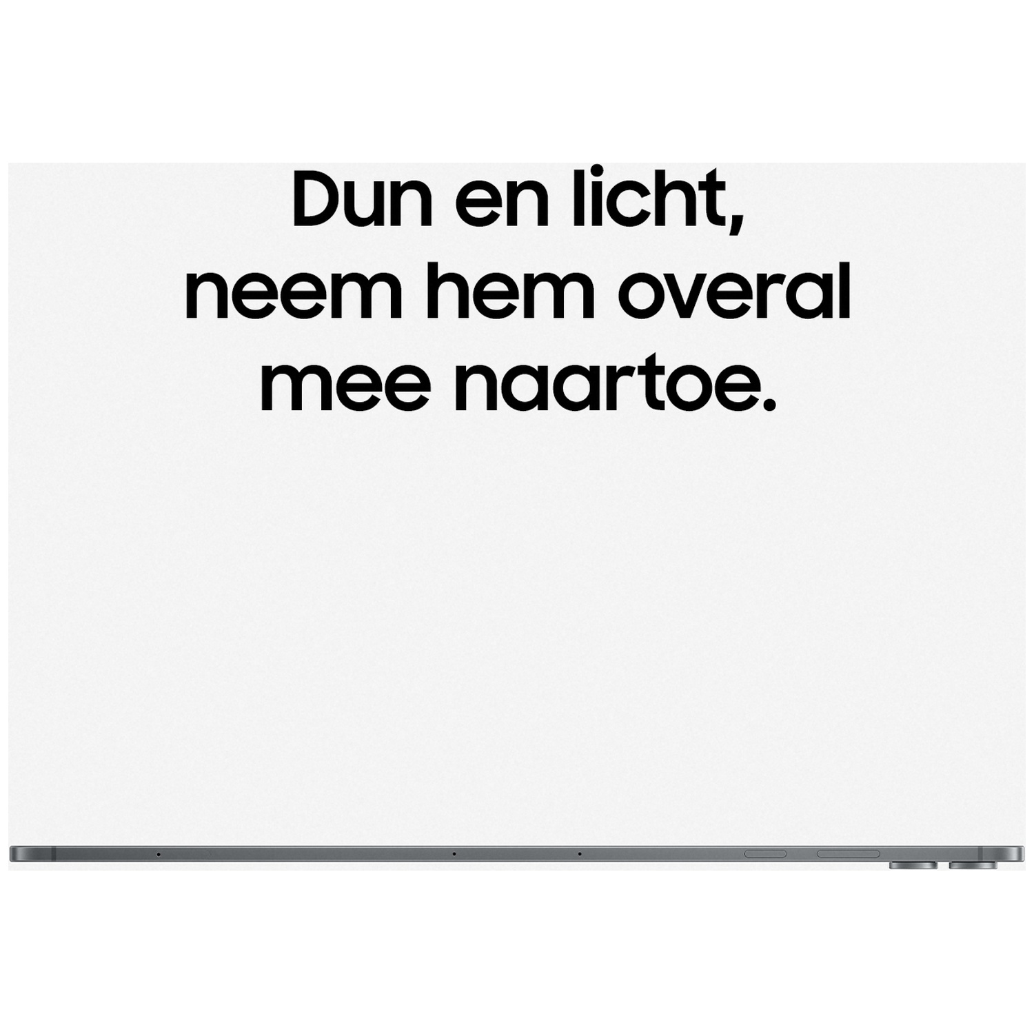 Dun en licht, neem hem overal mee naartoe, met tekst op een witte achtergrond.