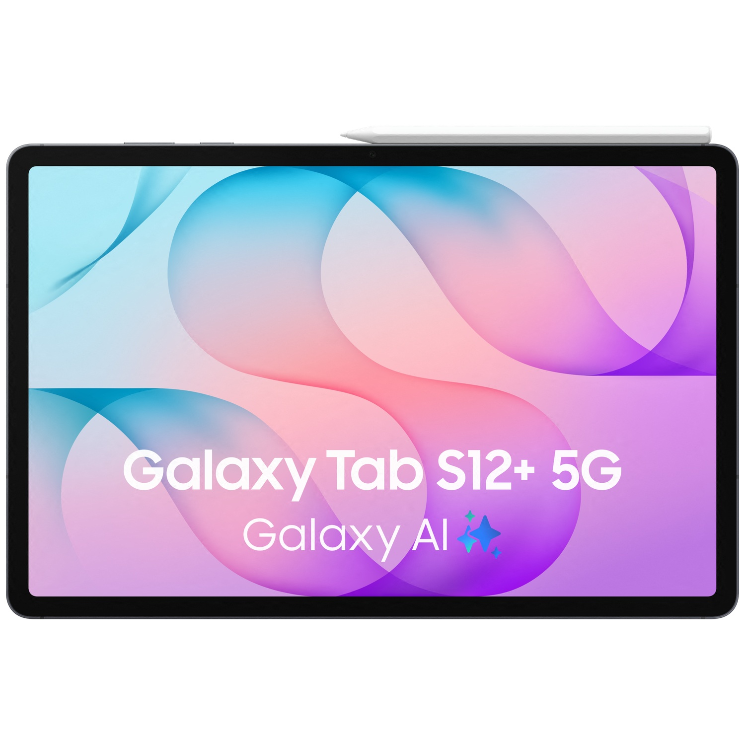 Une Galaxy Tab S12+ 5G noire avec stylet et fond coloré.