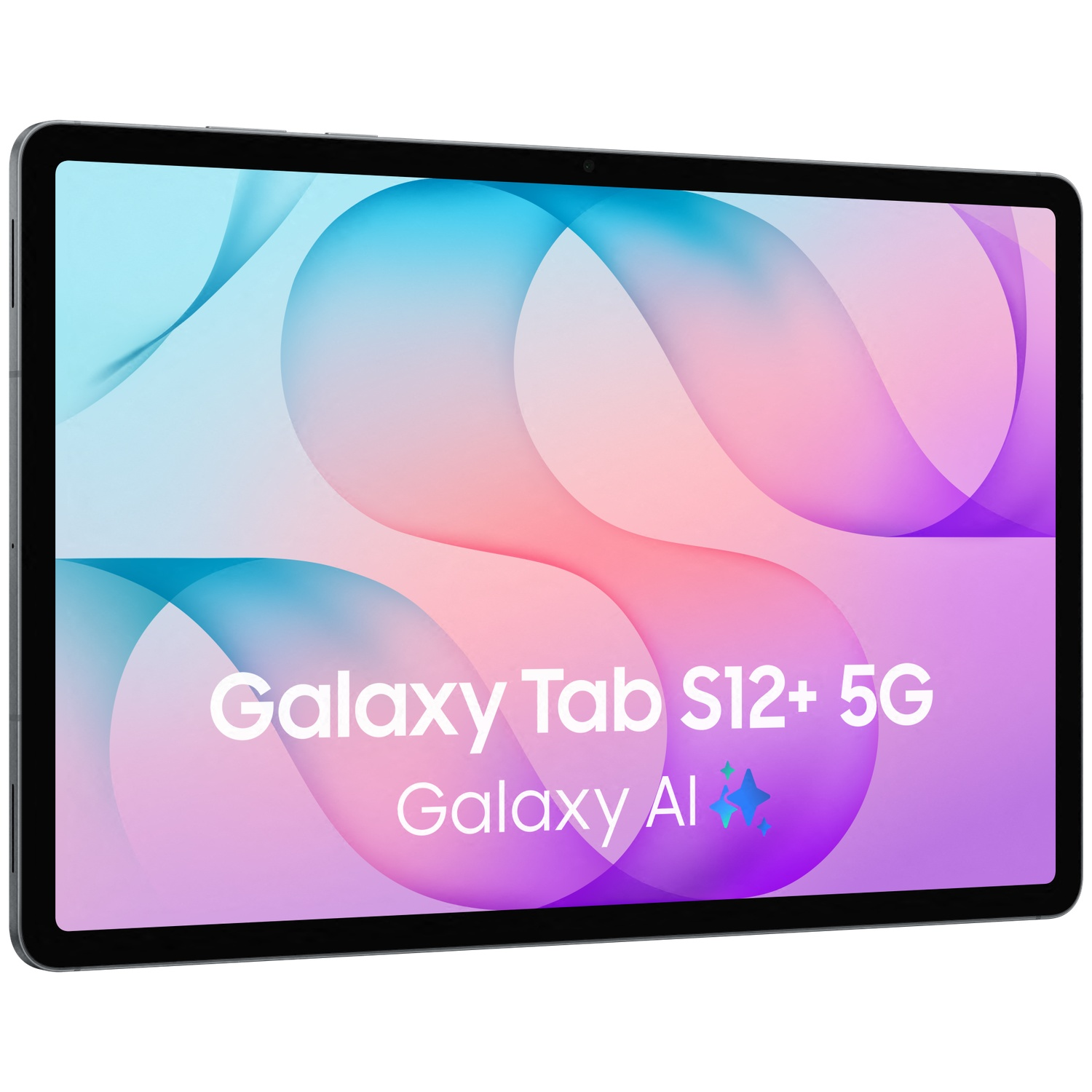 Une tablette noire affichant Galaxy Tab S12+ 5G et Galaxy AI sur un écran rose et bleu.