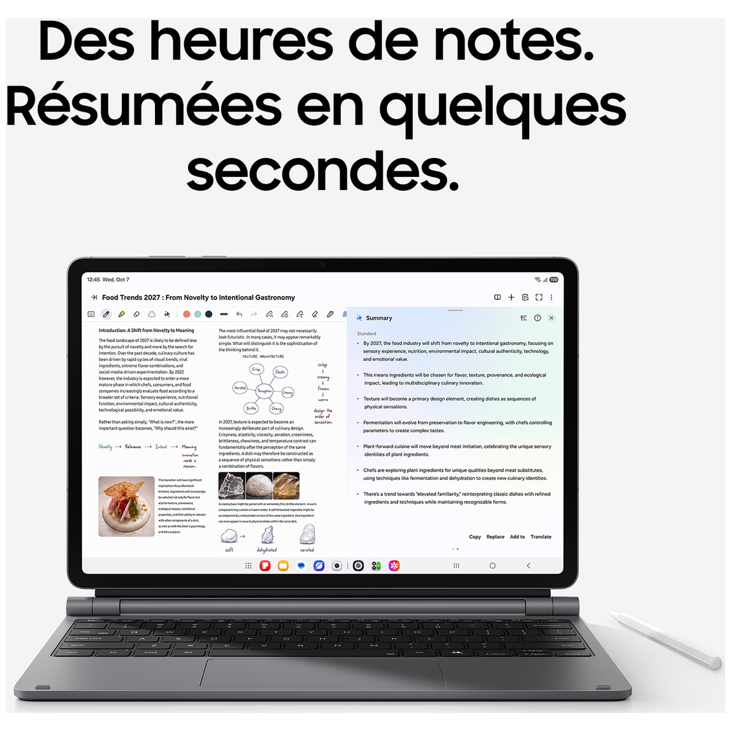 Une tablette avec clavier affiche des notes et une fonction de résumé à l'écran.