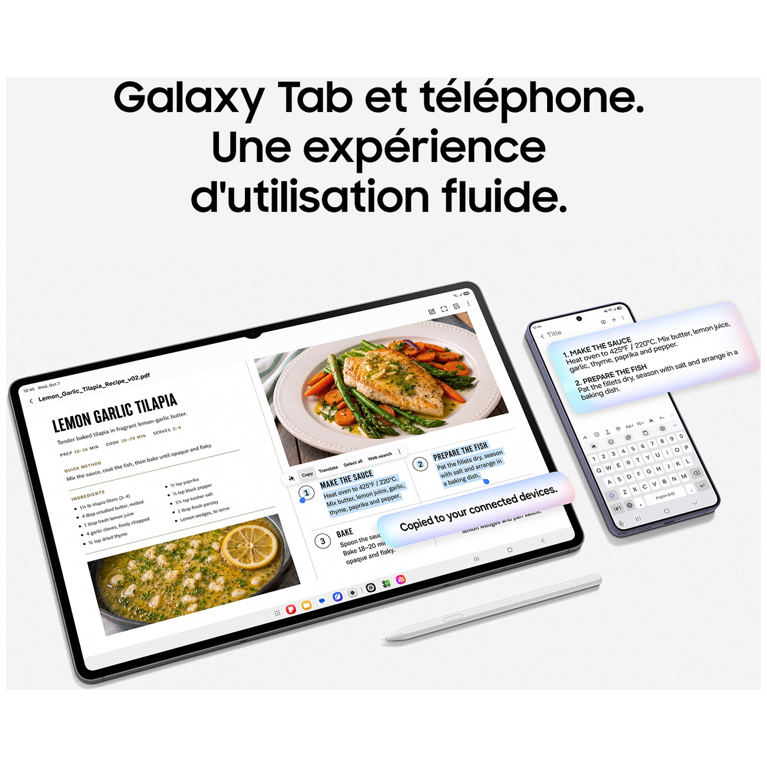 Une tablette Galaxy et un smartphone affichent du texte copié et une recette de poisson.