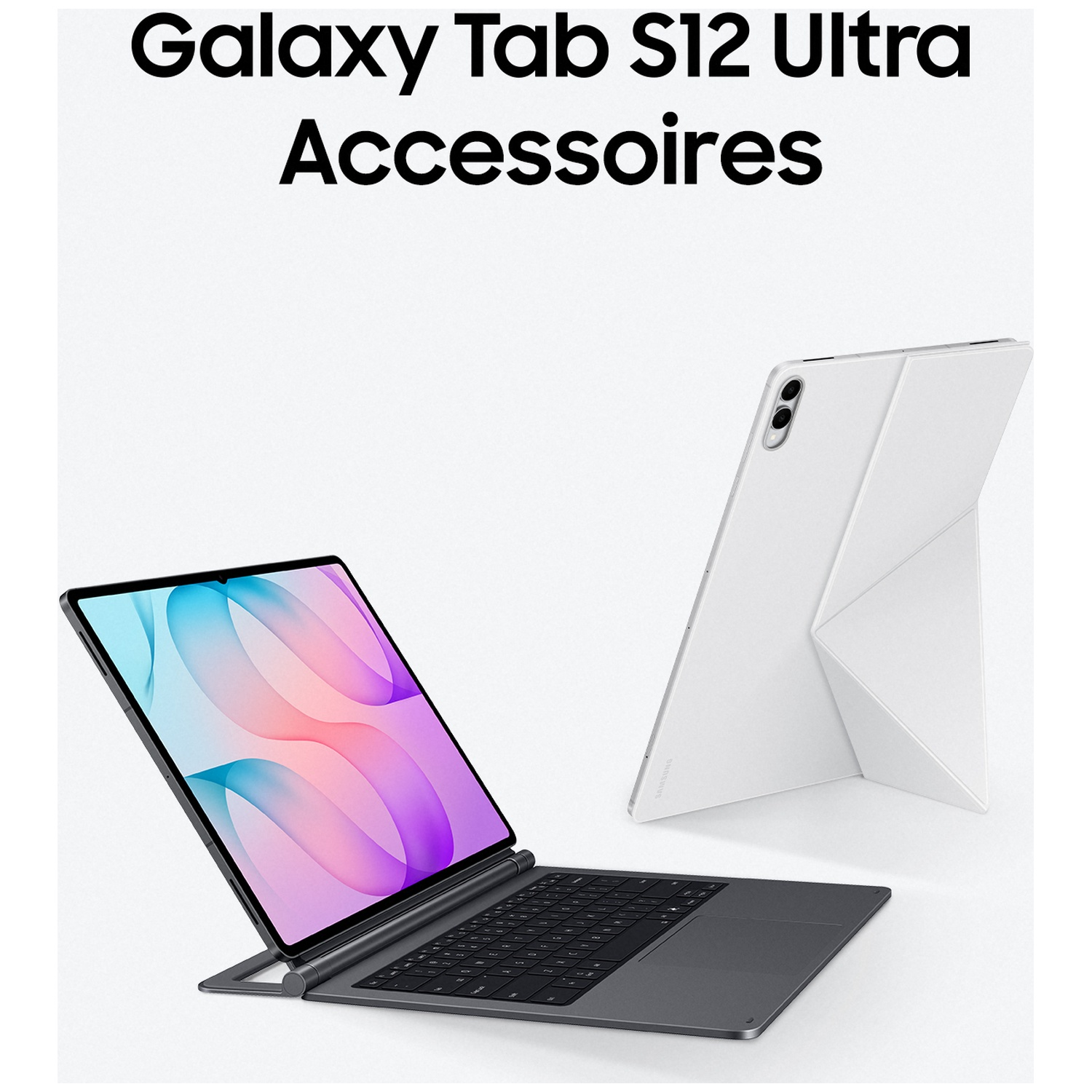Samsung Galaxy Tab S12 Ultra met toetsenbord en witte hoes op lichte achtergrond.