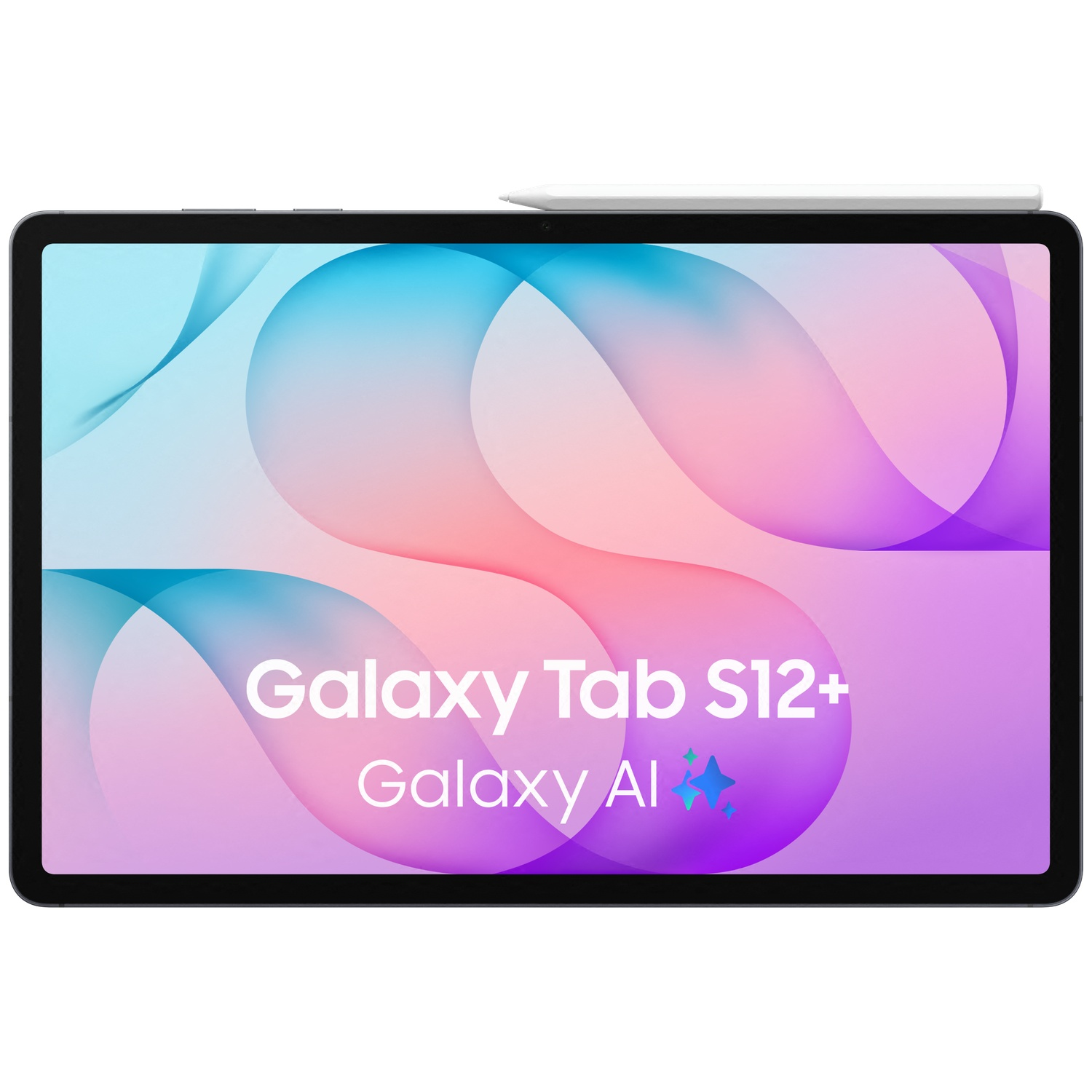 Une Galaxy Tab S12+ avec Galaxy AI sur l'écran rose et bleu, et un stylet en haut.