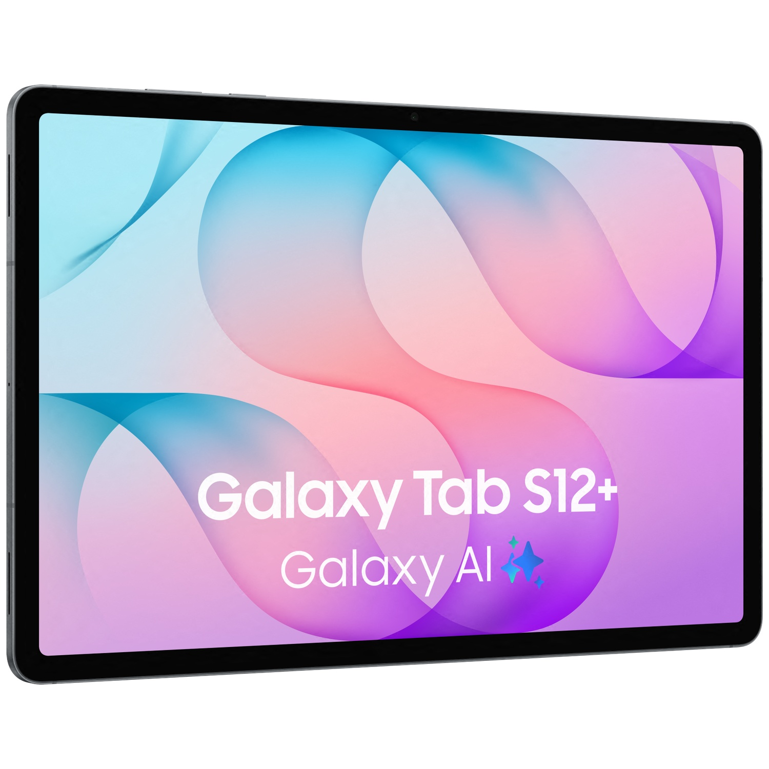 Une Galaxy Tab S12+ affichant Galaxy AI sur un fond abstrait rose et bleu, isolée sur blanc.