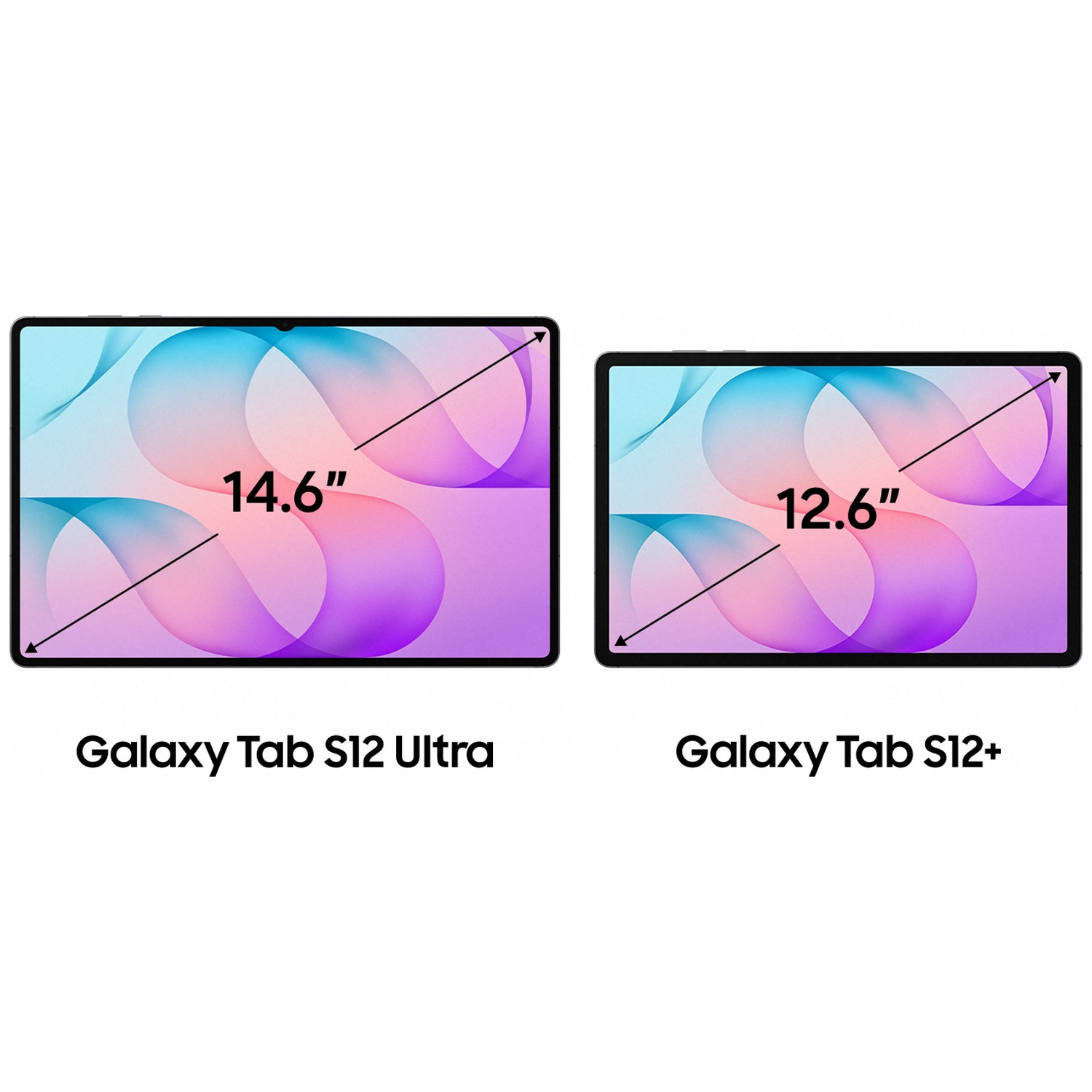 Comparaison de Galaxy Tab S12 Ultra (14,6 pouces) et Galaxy Tab S12+ (12,6 pouces) avec des fonds colorés.