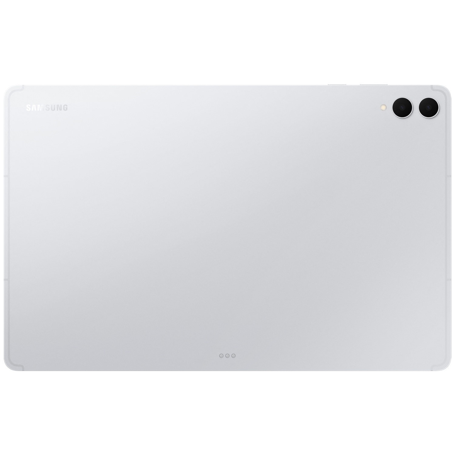 Vue arrière d'une tablette Samsung argentée avec deux appareils photo et un flash dans le coin supérieur droit.