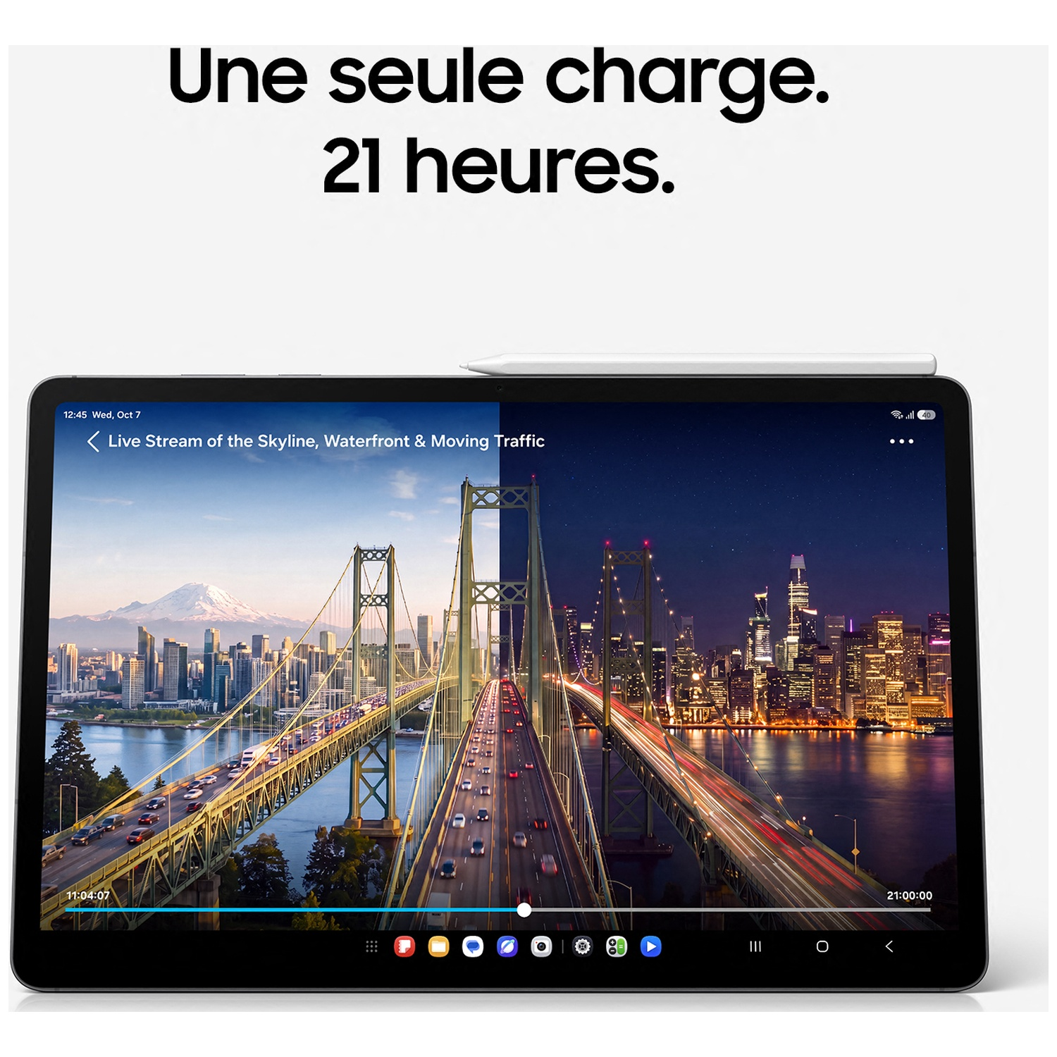 Une tablette affiche une vidéo de pont divisée jour et nuit, avec du texte en français.