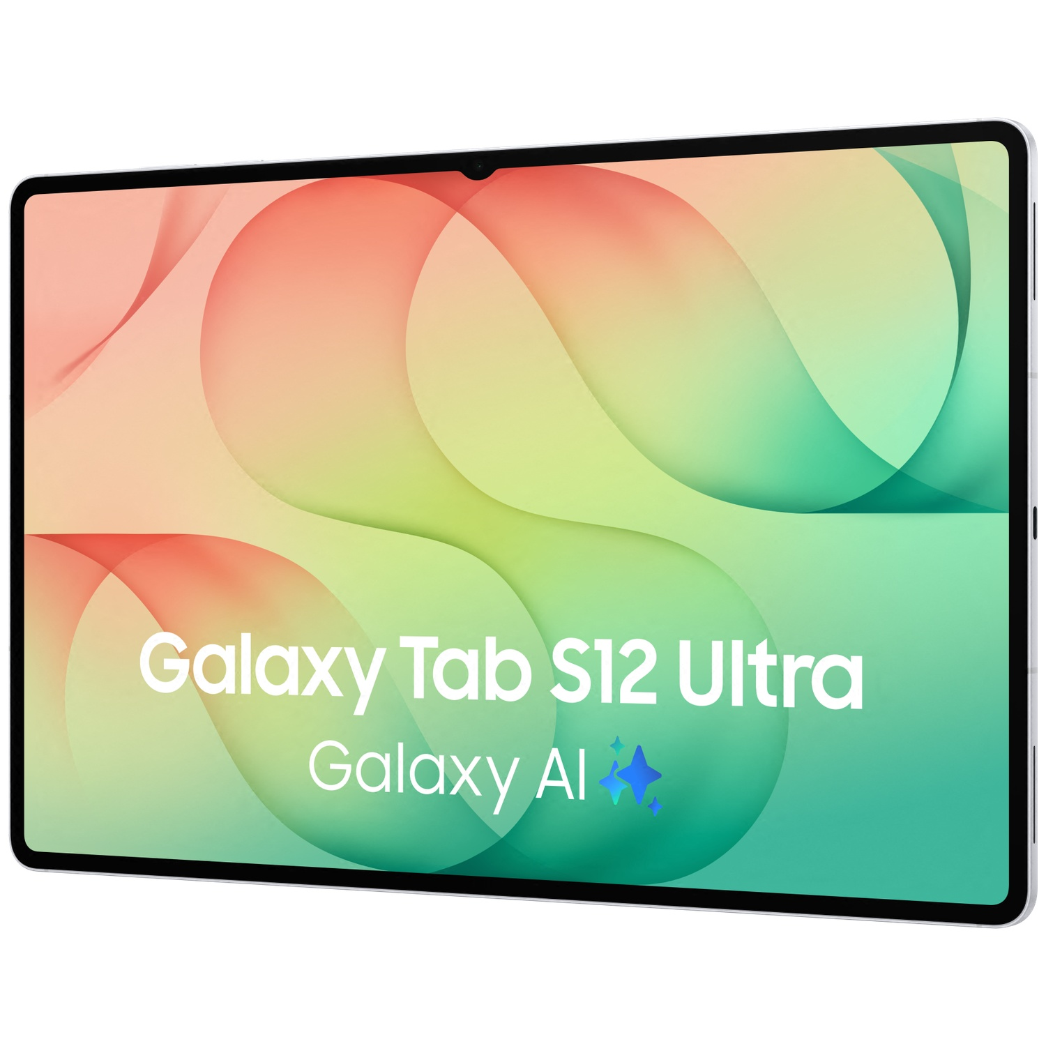 Une tablette argentée affiche un fond d'écran abstrait coloré avec le texte Galaxy Tab S12 Ultra et Galaxy AI.