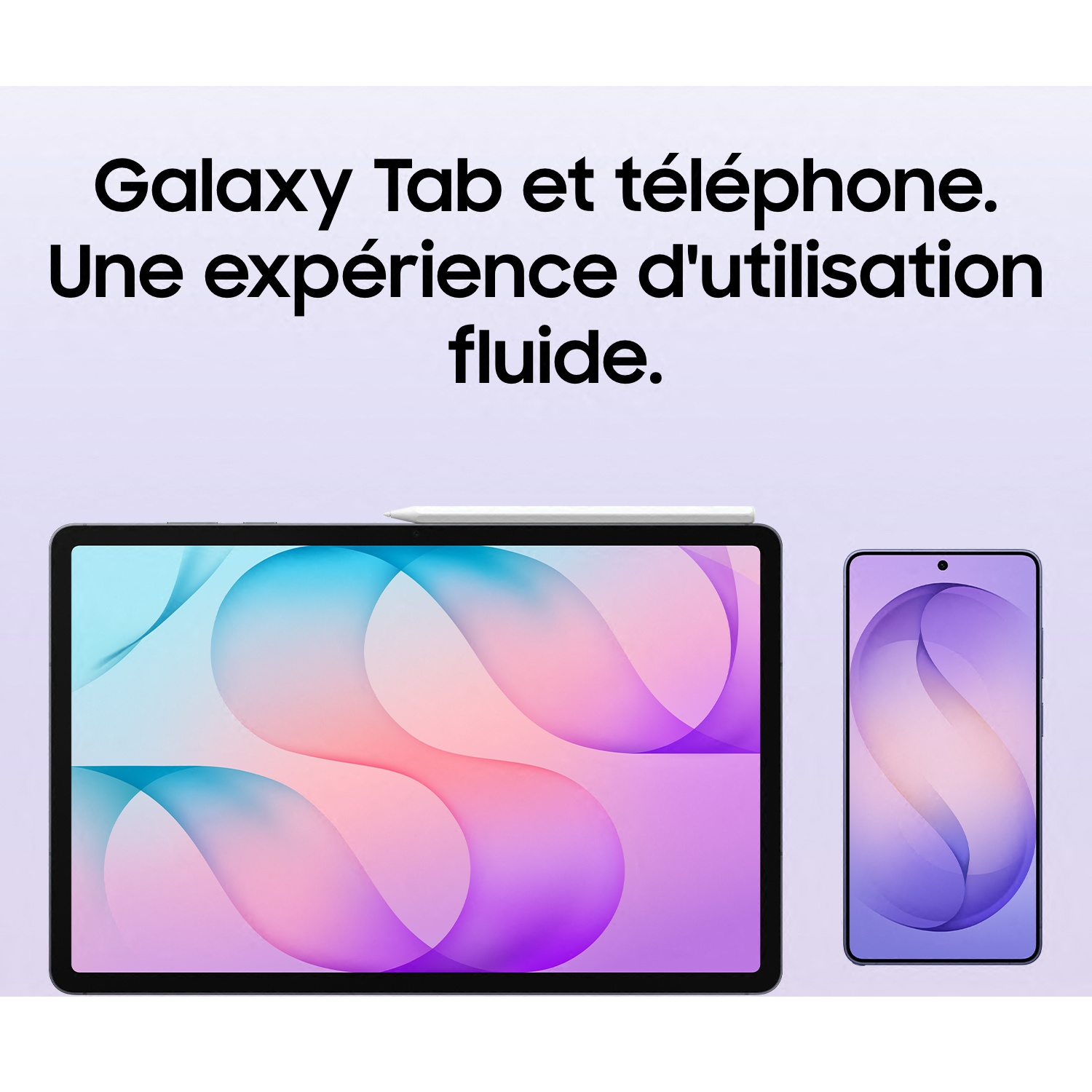Une tablette Samsung Galaxy et un smartphone affichant des degrades de couleurs fluides sur fond clair.